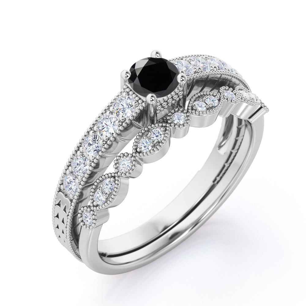 1.25 Carat Round Cut Lab Grown Black Diamond Vintage Milgrain Bridal Set Ring In White Gold