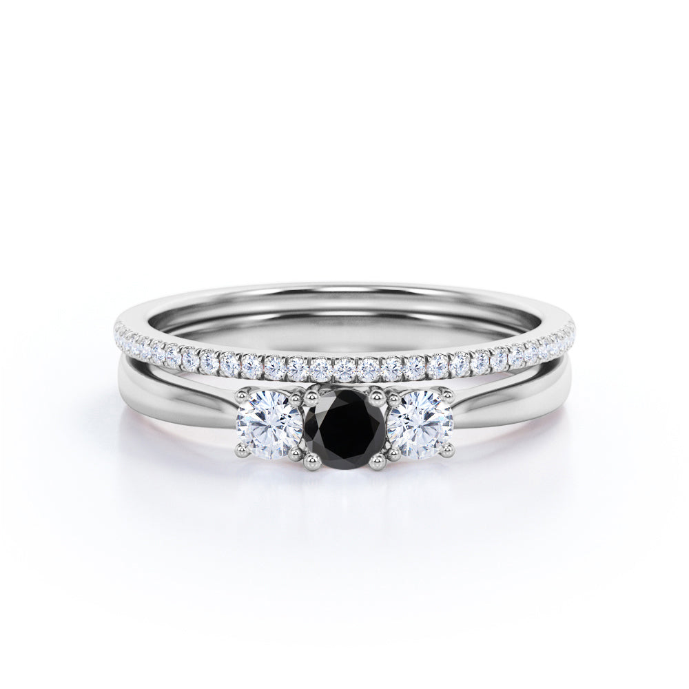 1.45 Carat Round Cut Lab Grown Black Diamond Three Stone Wedding Ring Set In White Gold