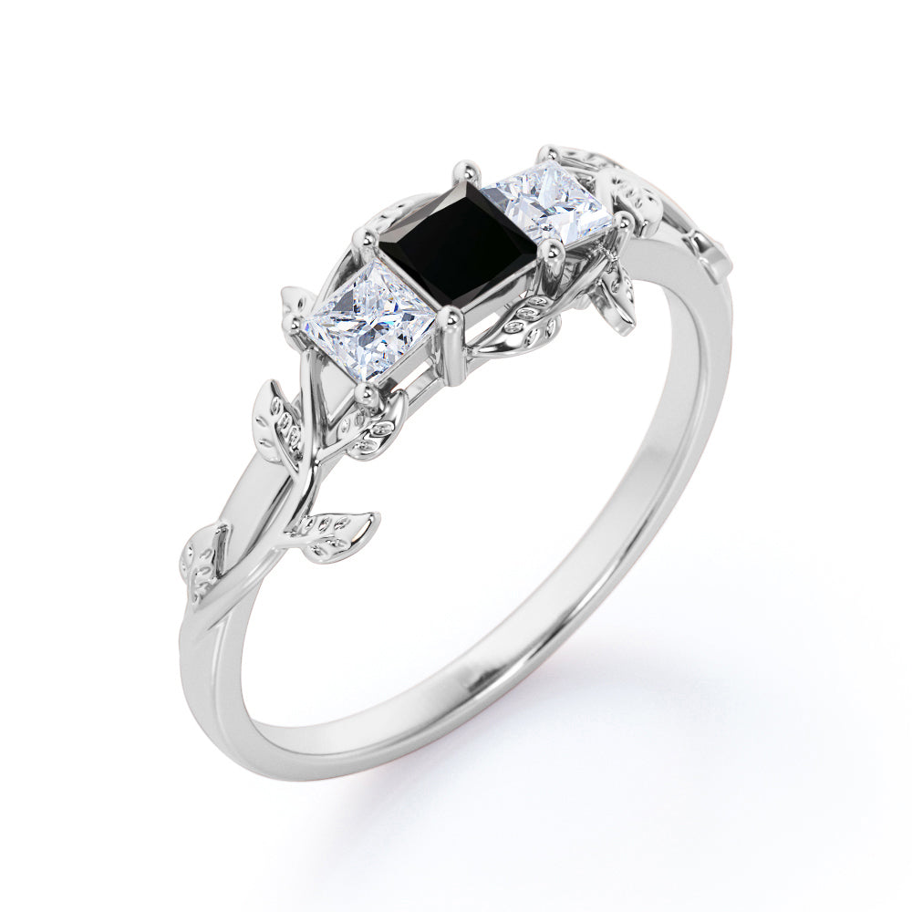 1 carat princess cut  Black Diamond three stone engagement ring in white gold