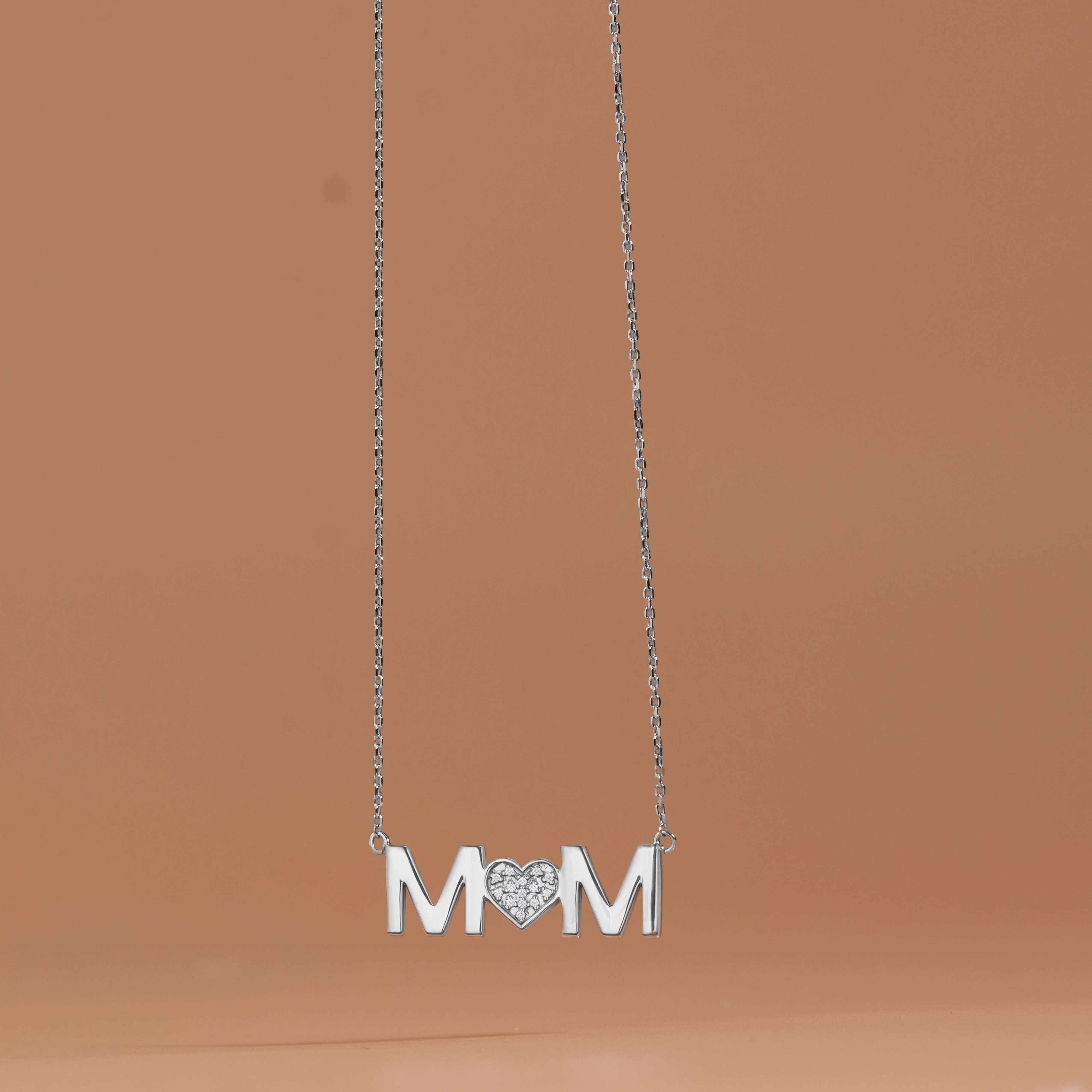 MOM Diamond Pendant Necklace in 18K White Gold over Silver