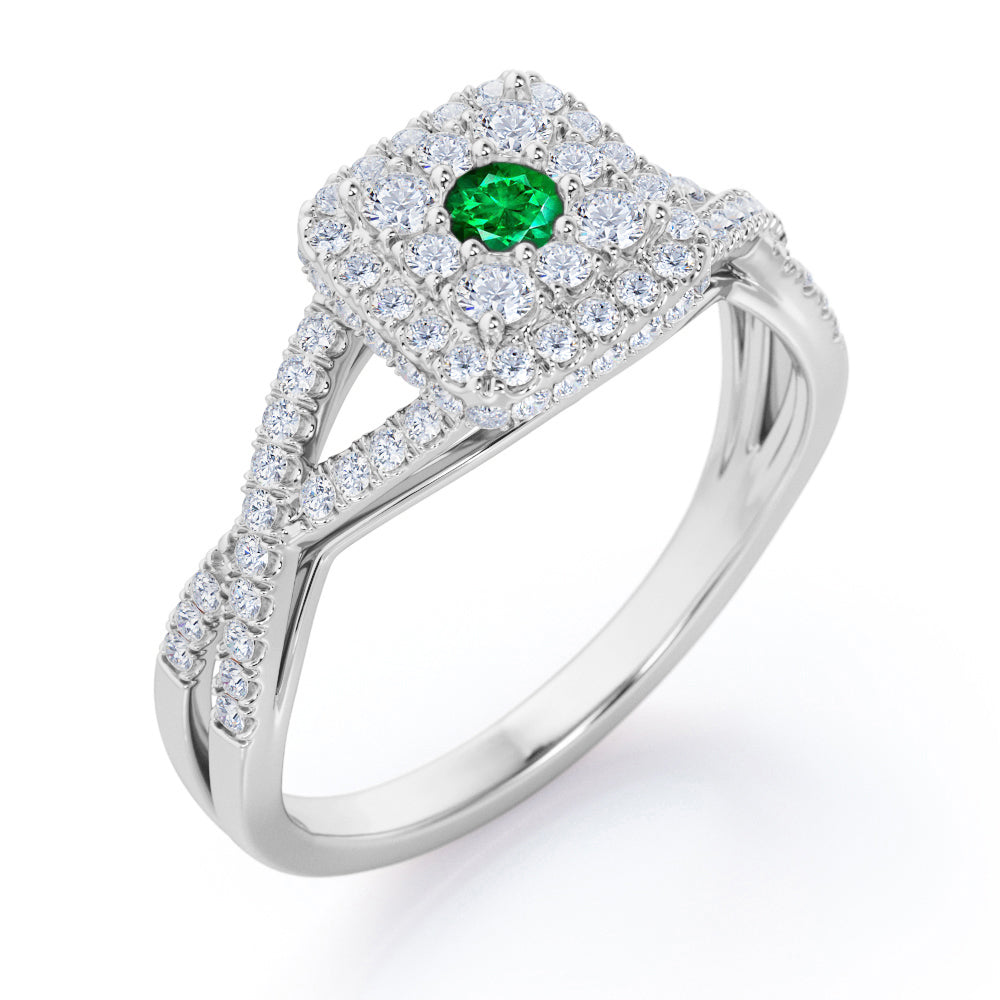 Pave Crossover - 1.25 Carat Round Cut Emerald and diamond - Flush Cluster Halo Engagement Ring in Yellow Gold