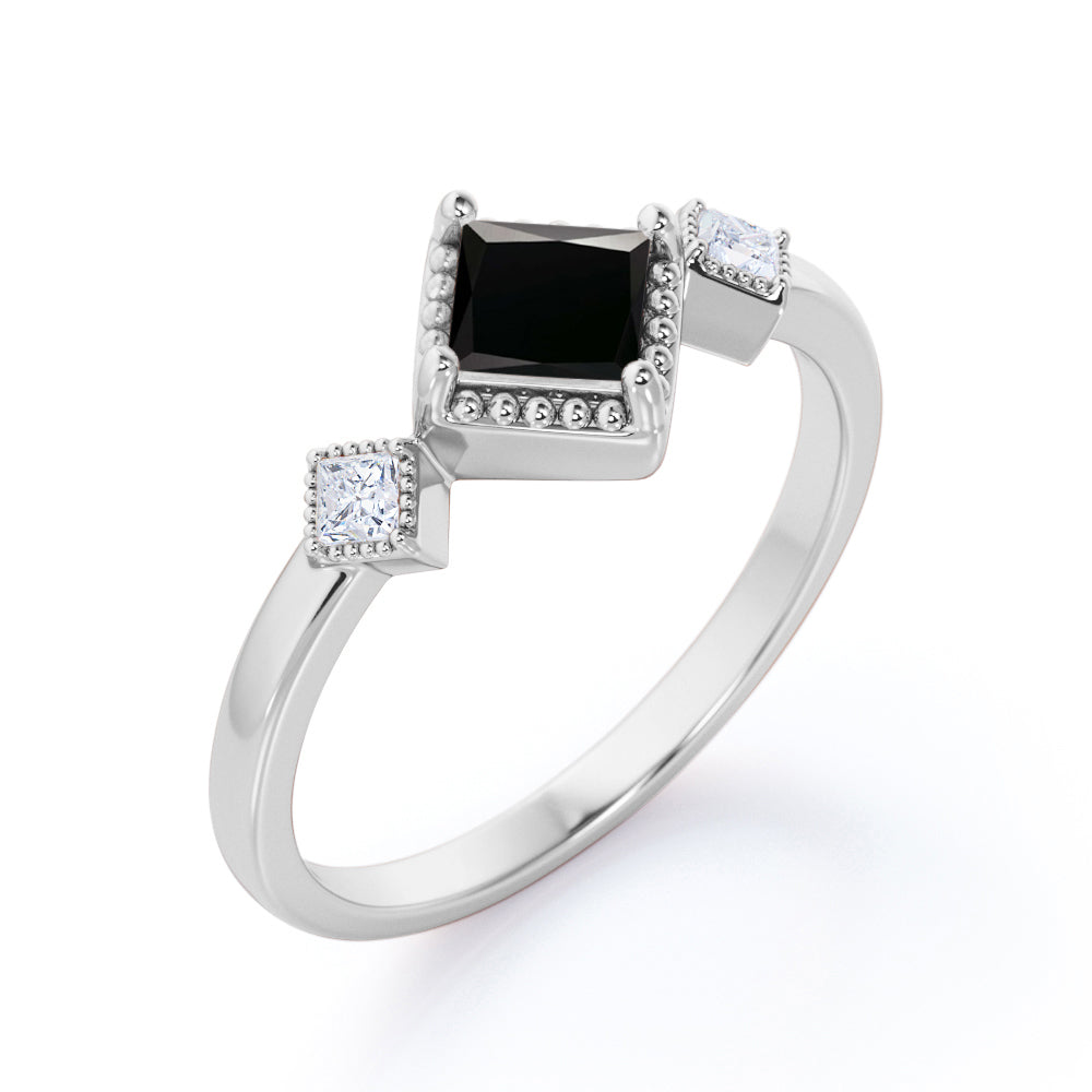 1 carat princess cut Black Diamond three stone pave engagement ring in white gold