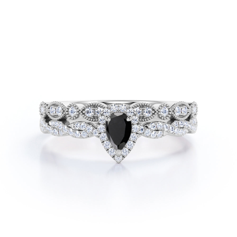 1.67 Carat Teardrop Lab Grown Black Diamond Infinity Engagement Ring With Wedding Band In White Gold