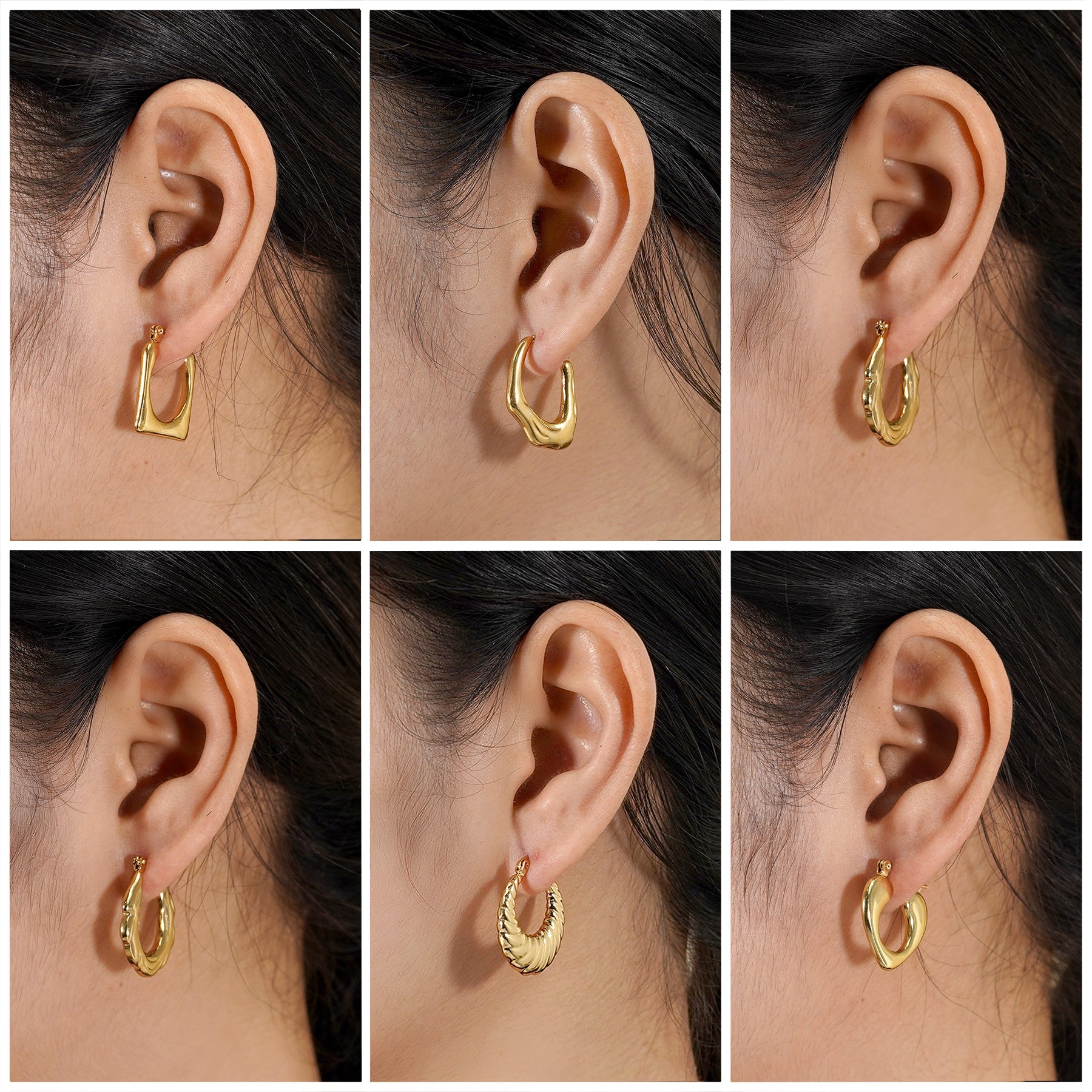 6 Pairs Multipack Earrings in Yellow Gold Plating - Chunky Lightweight Earrings for Women