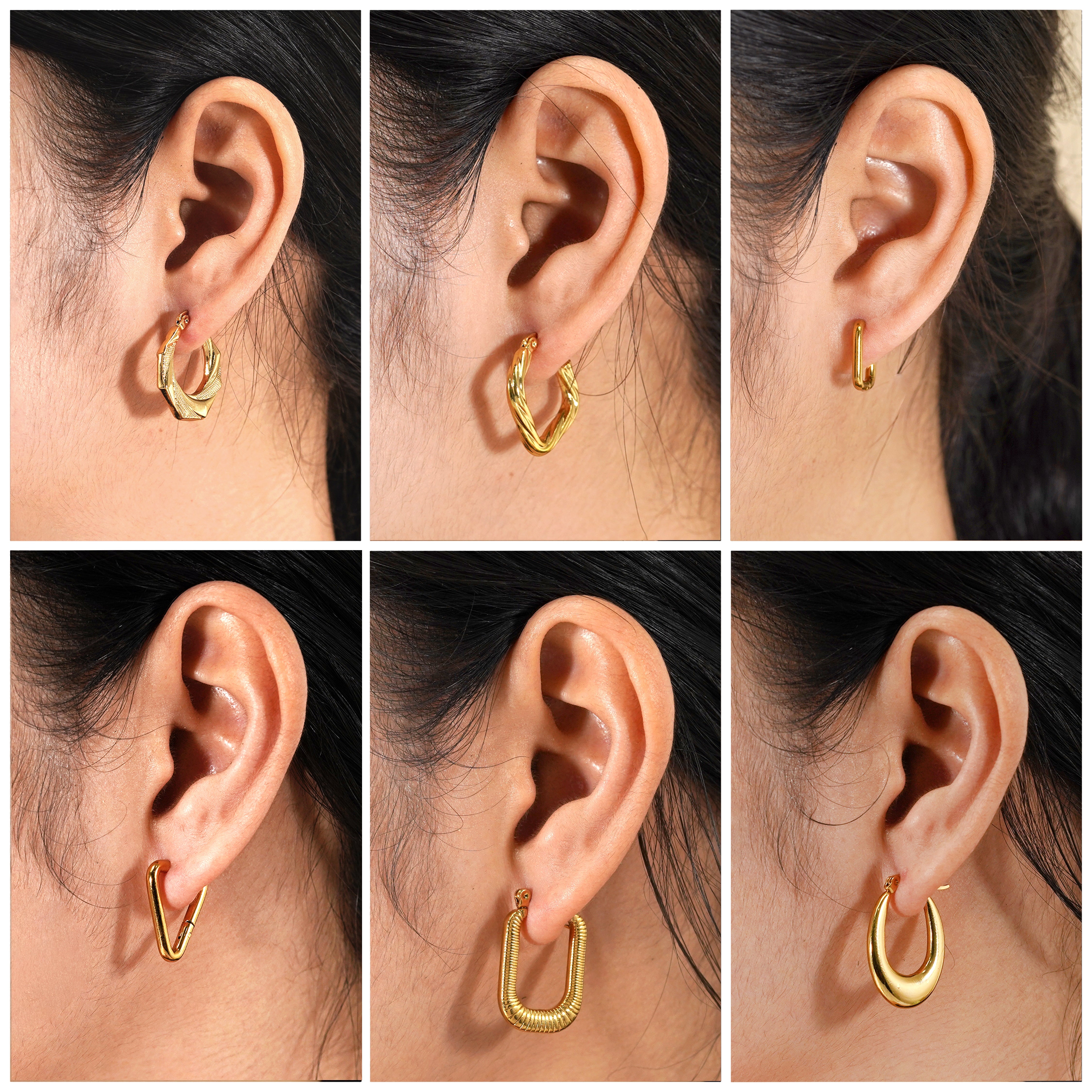 6 Pairs Geometric Shapes Latchback Earrings Set in Yellow Gold Plated - Multipack - Women's Fashion Earrings