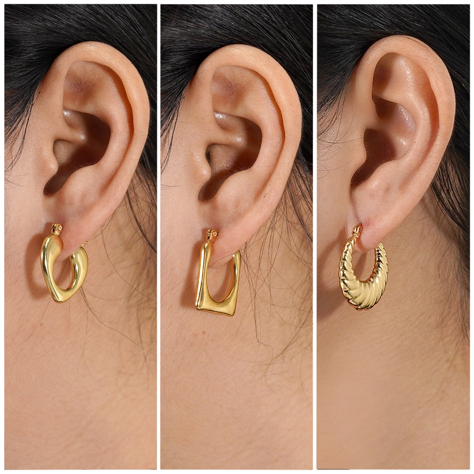 3 Pairs Women Earrings MultiPack Gift Set in Yellow Gold Plating, Light Weight, Chunky, Huggie Hoop Earrings, Earrings Gift set for all occasion