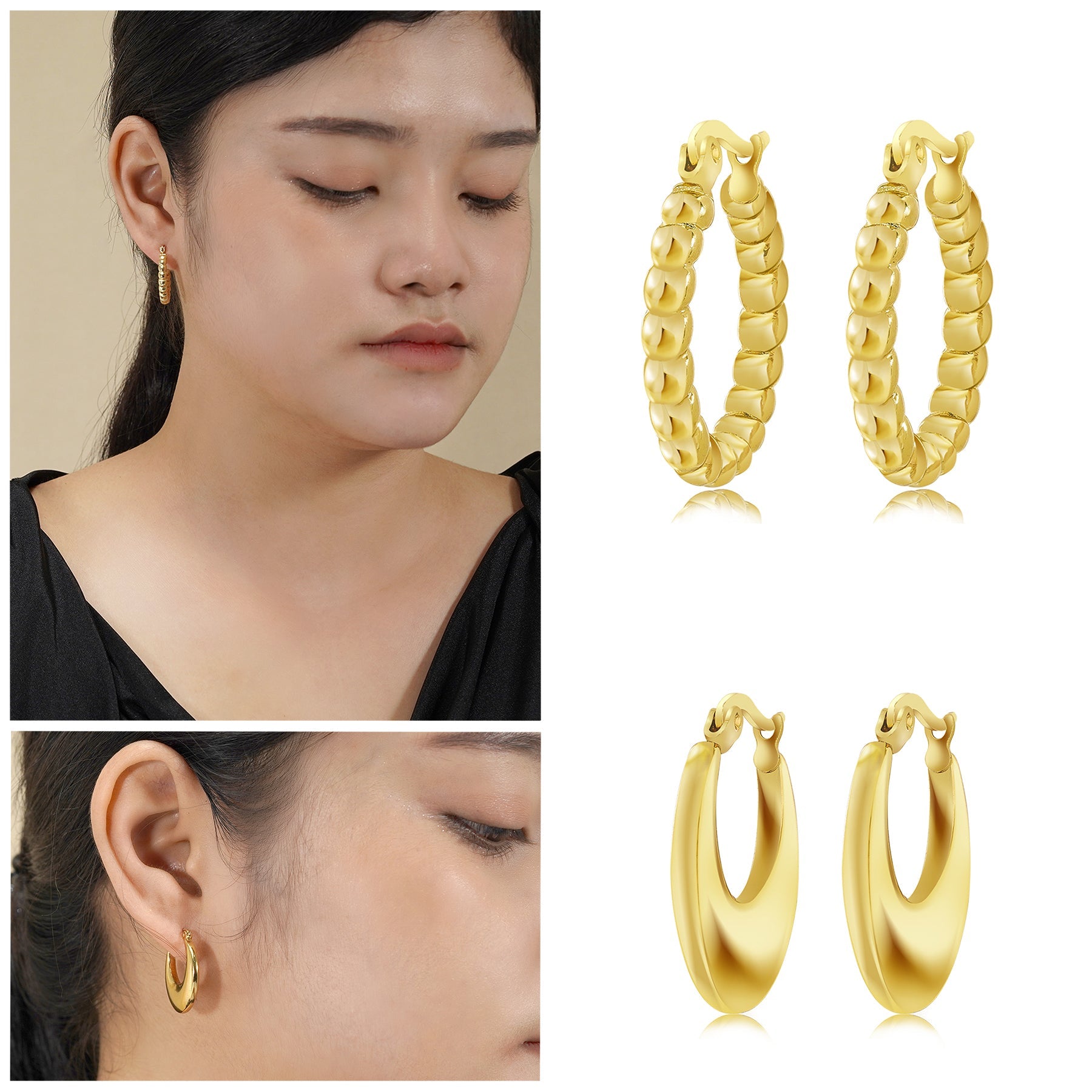 6 Pairs Multipack Everyday Women Earrings Gift Set in Yellow Gold Plating, Thick Open, Lightweight, Hoop Hypoallergenic Twisted Earrings for Women