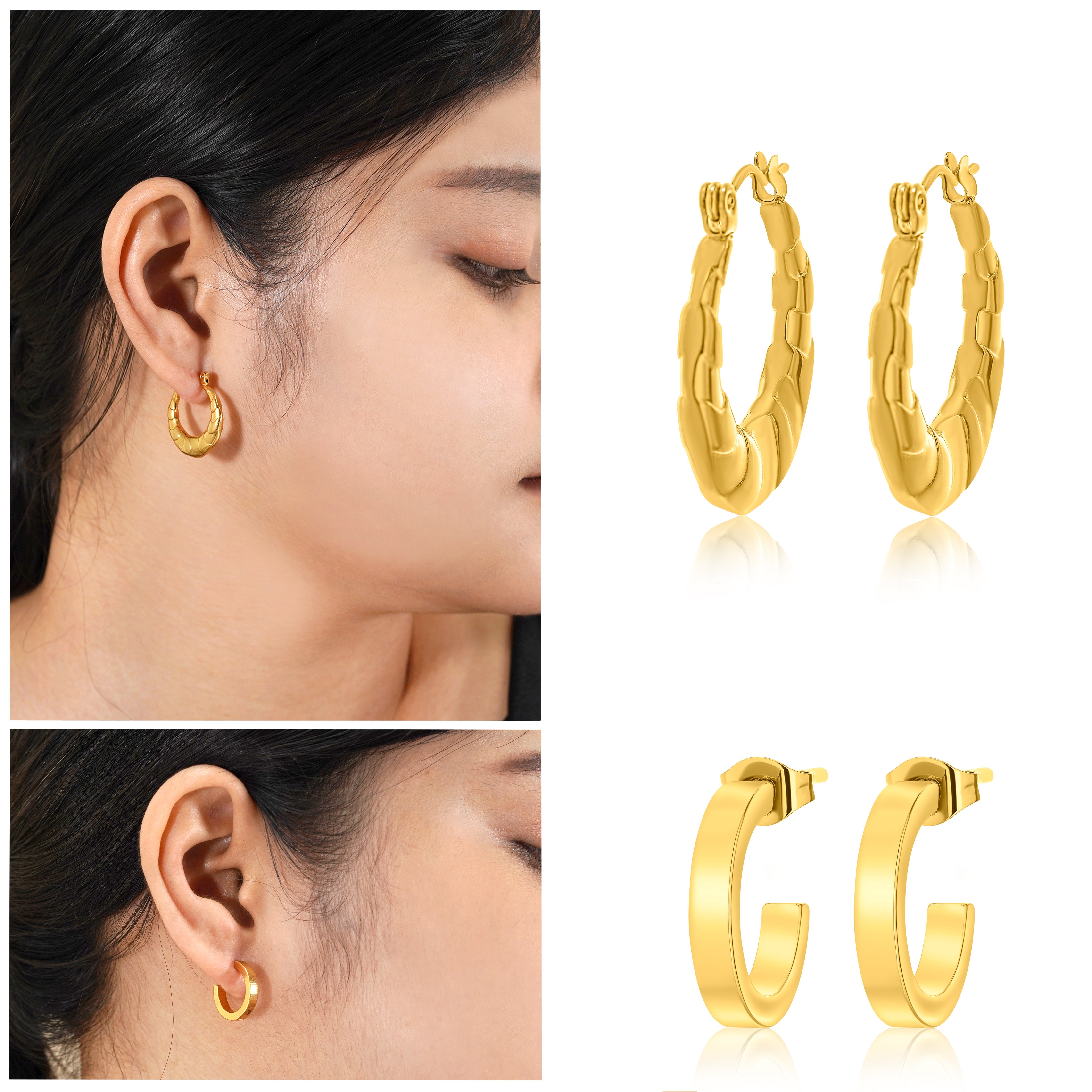 6 Pairs Women Earrings MultiPack Gift Set in Yellow Gold Plating, Multipack Lightweight, Hoop Huggies Twist Huggie Earrings for Daily Office Wear