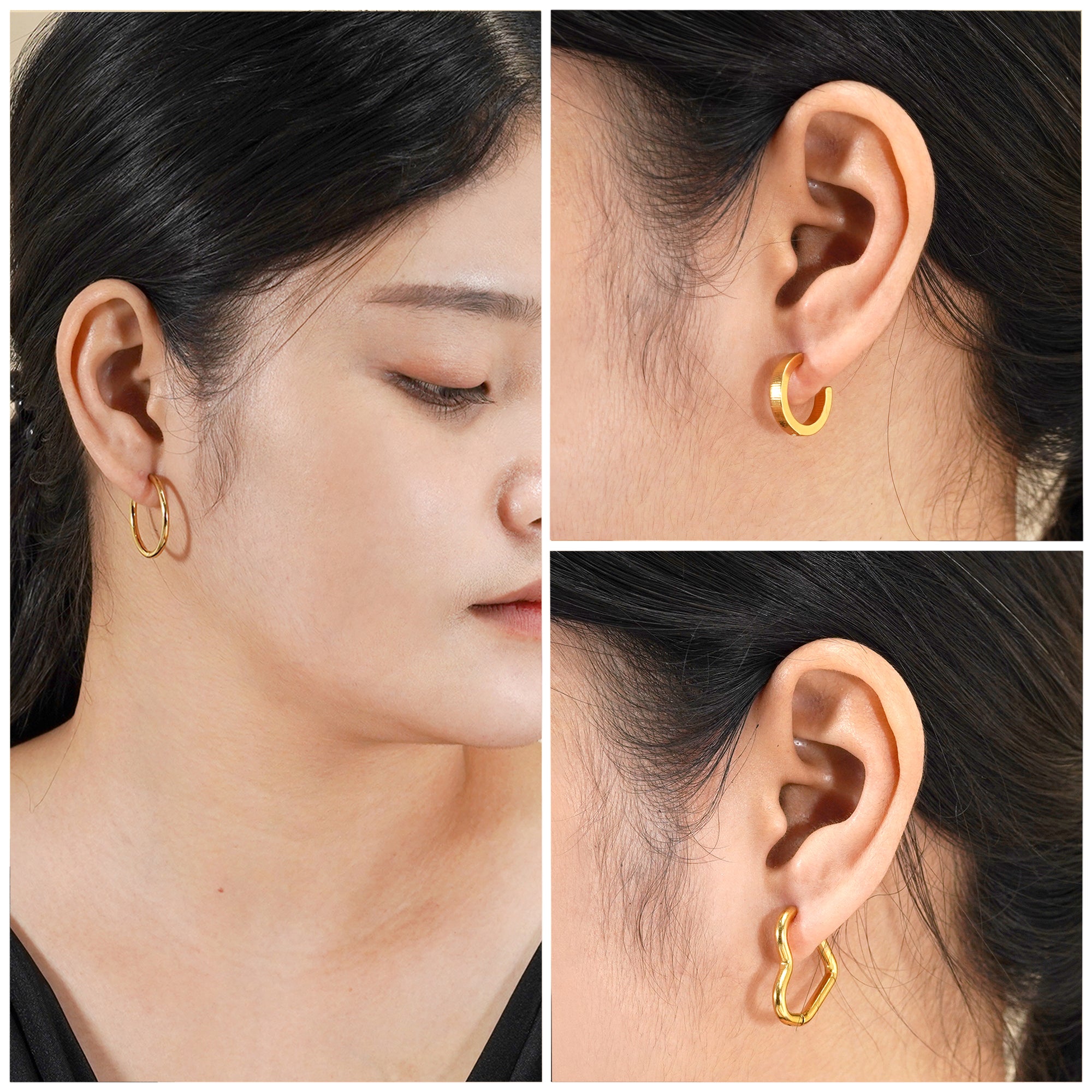 3 Pairs Trendy Small Earrings in Yellow Gold Plated - Multipack Lightweight Jewelry - Gift for Women