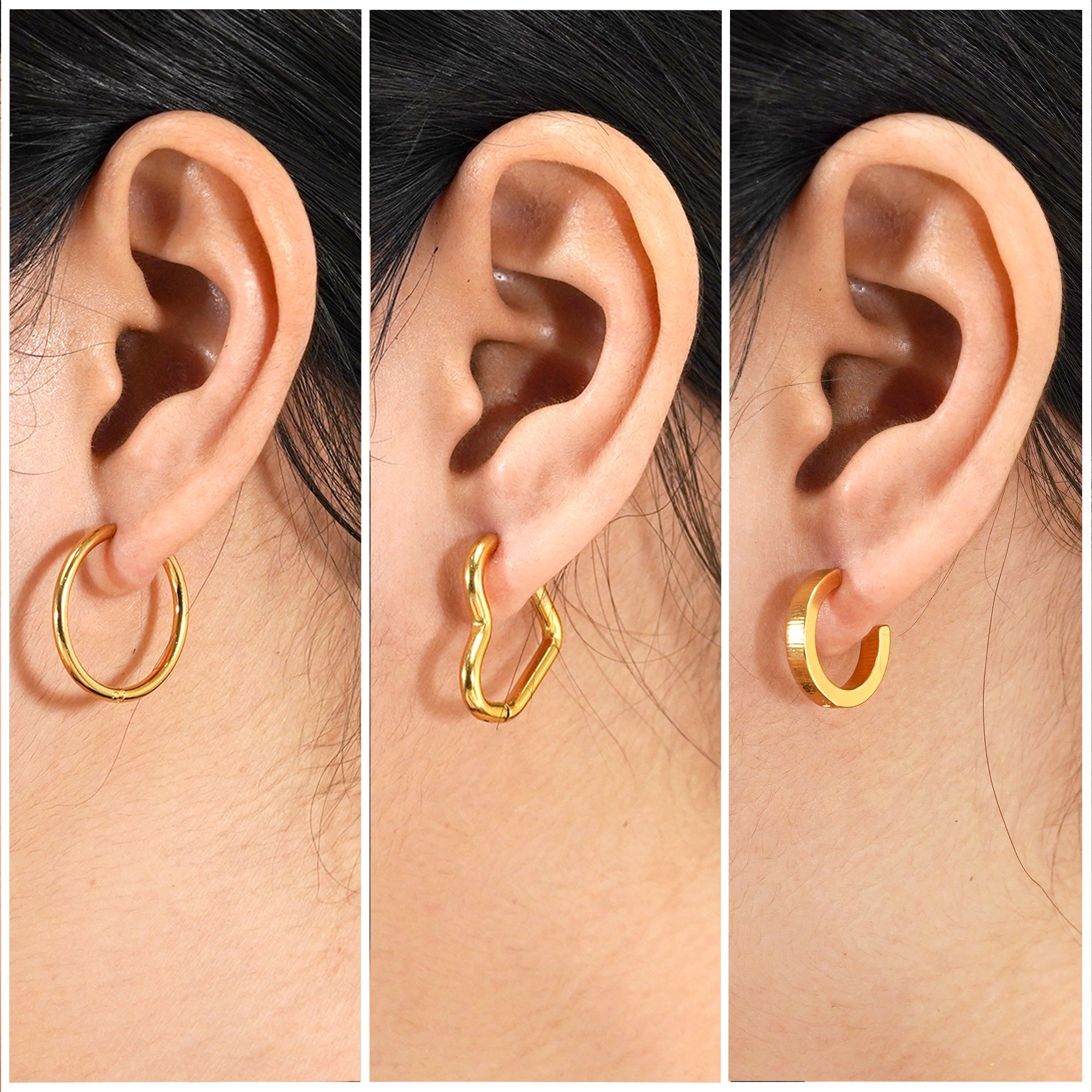 3 Pairs Trendy Small Earrings in Yellow Gold Plated - Multipack Lightweight Jewelry - Gift for Women