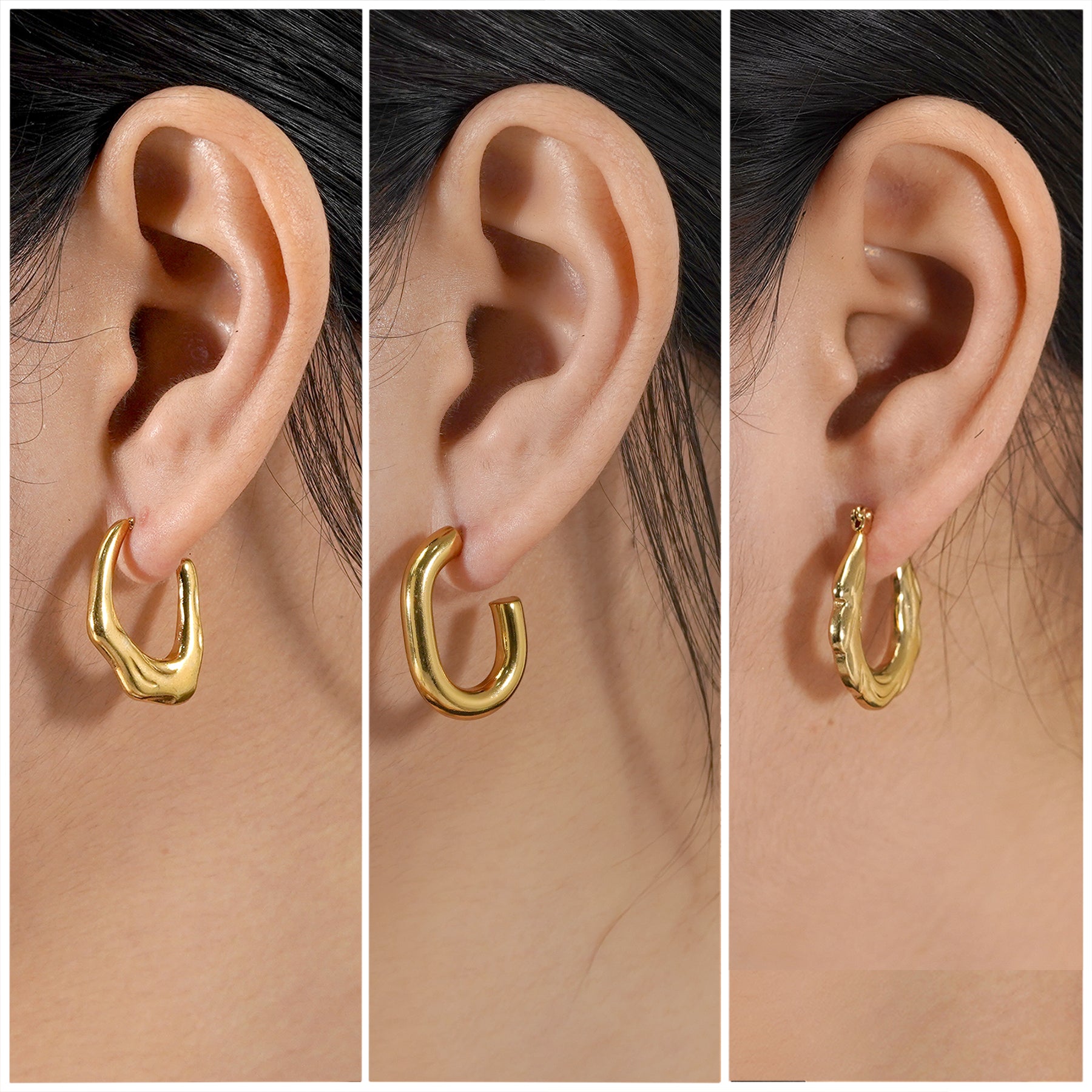 3 Pairs Women Earrings MultiPack Gift Set in Yellow Gold Plating, Light Weight, Chunky, Huggie Hoop Earrings, Earrings Gift set for all occasion