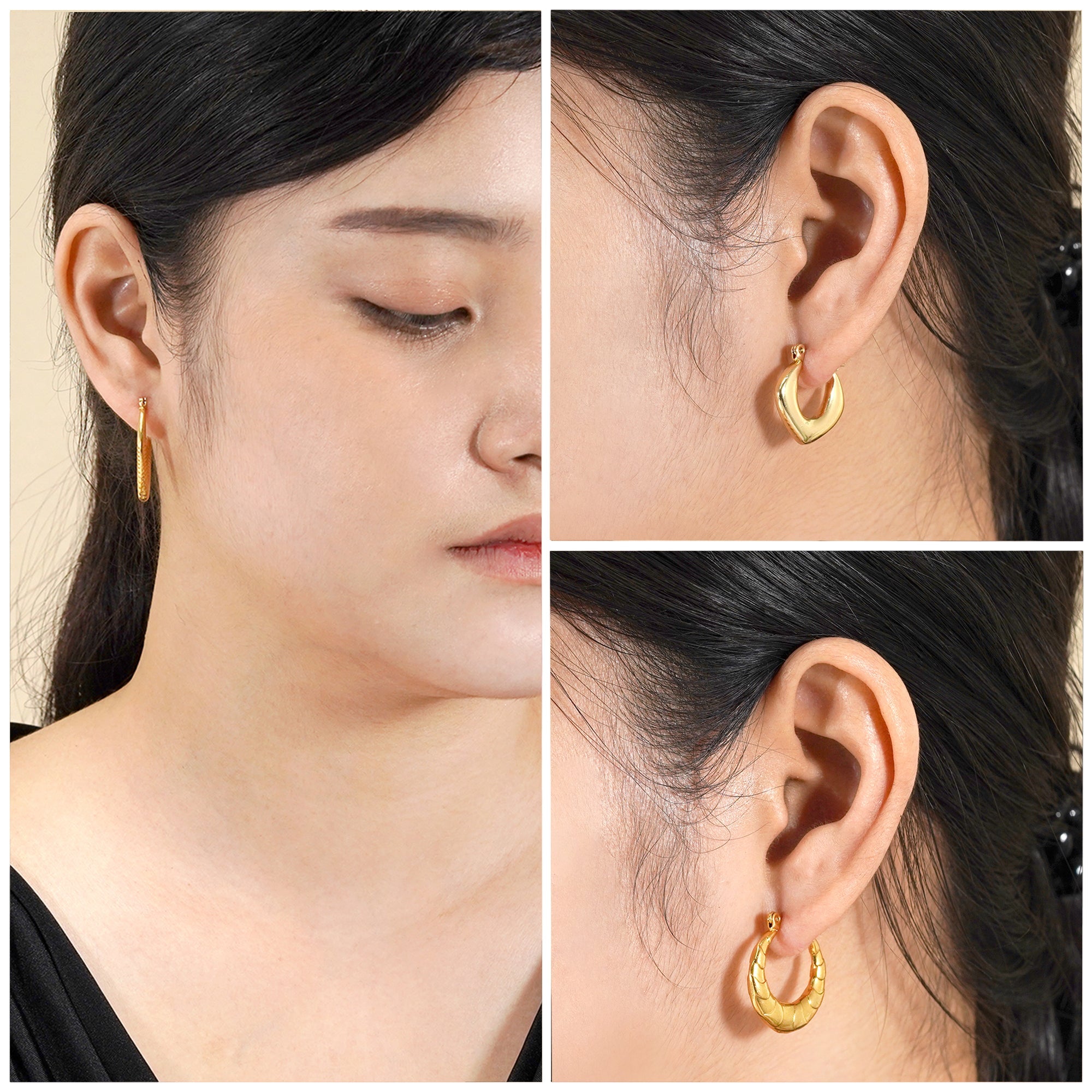 3 Pairs Classy Lightweight Latchback Earrings in Yellow Gold Plating - Multipack Chunky Jewelry - Gift for Women