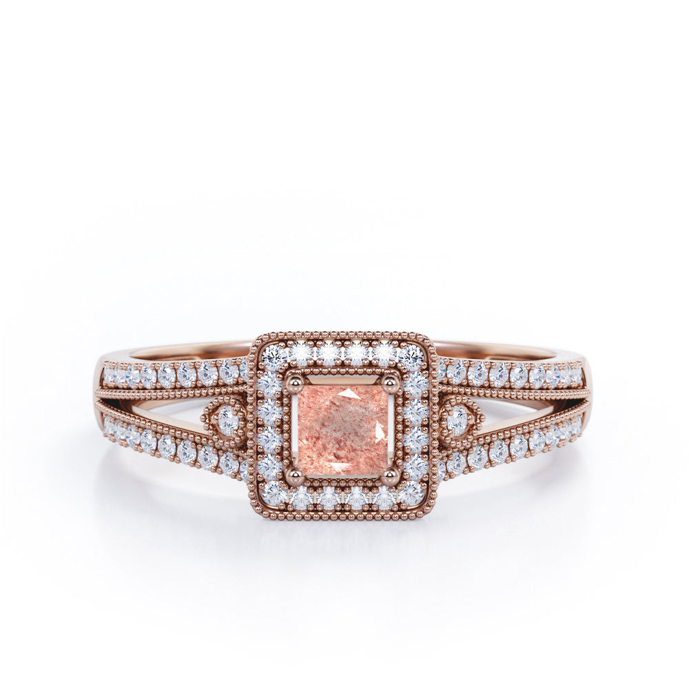 Split-Shanked Pave 1.55 Carat Princess Cut Strawberry Quartz Milgrain-Bordered Halo Engagement Ring in Rose Gold