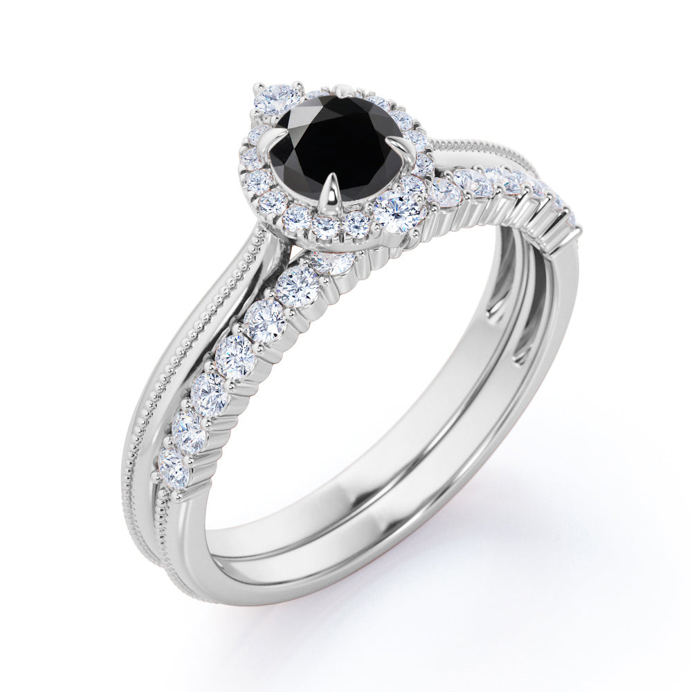 1.25 carat round cut Black Diamond filigree bridal set in white gold