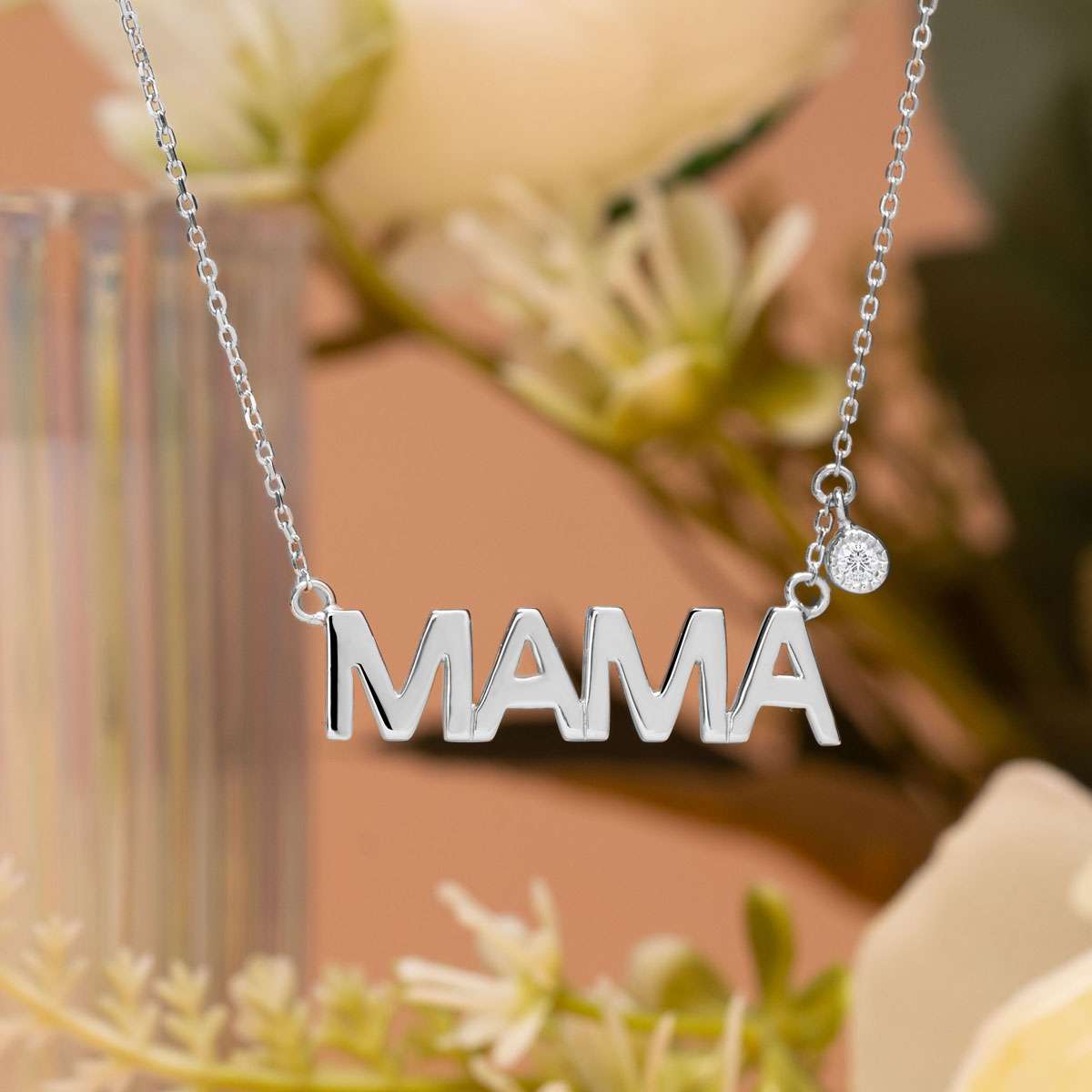 MAMA Diamond Pendant Necklace in 18K White Gold over Silver