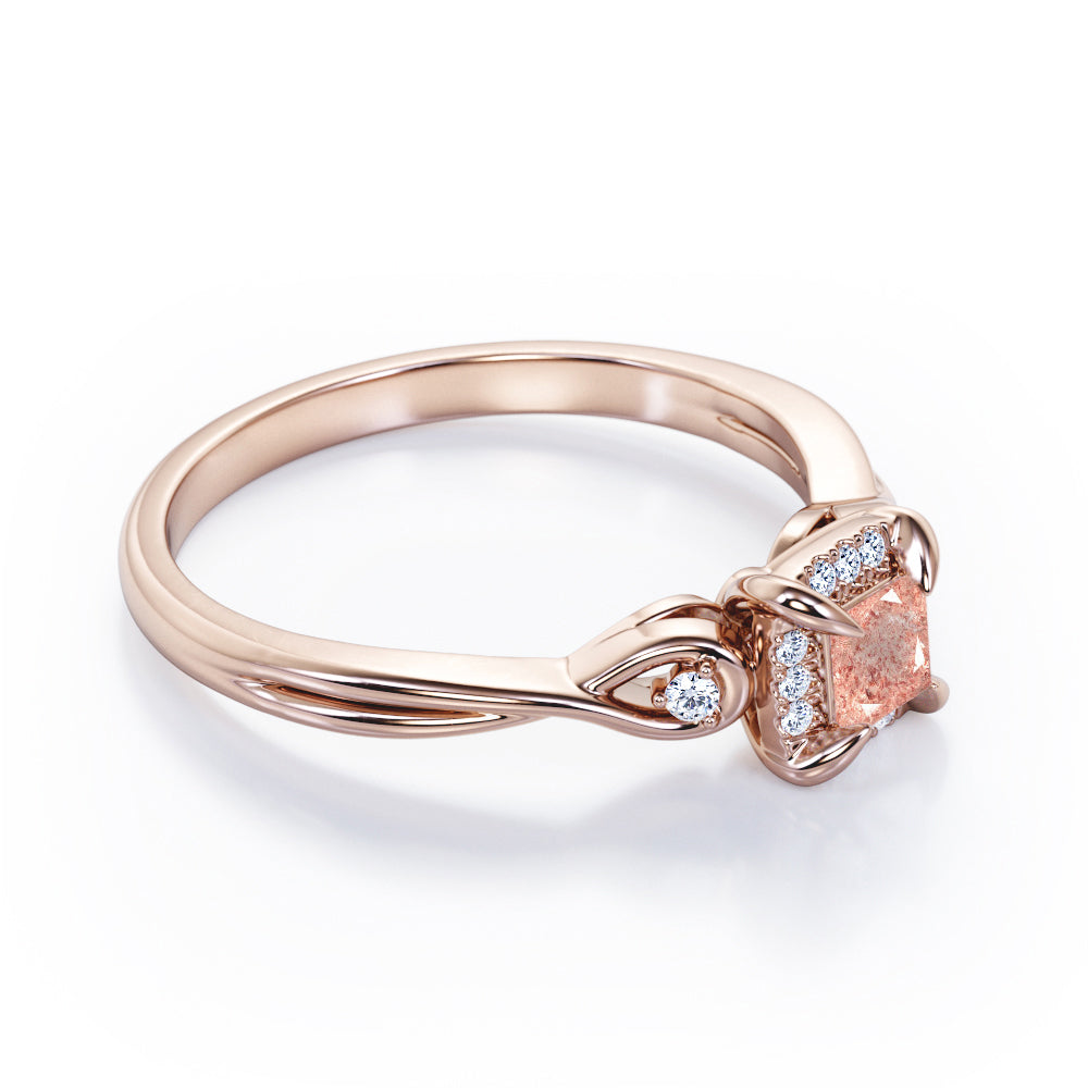 Prong and Halo 0.6 carat Princess Strawberry Quartz and diamond Twisted Shank Engagement Ring in Rose Gold