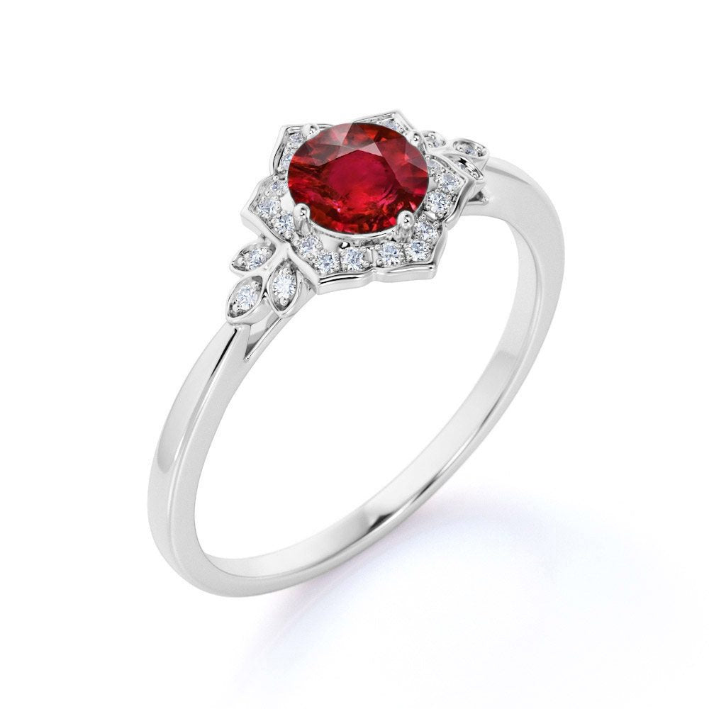 Antique Leaf Design 1.20 Carat Round Cut Lab-Created Ruby and Diamond Engagement Ring in Rose Gold