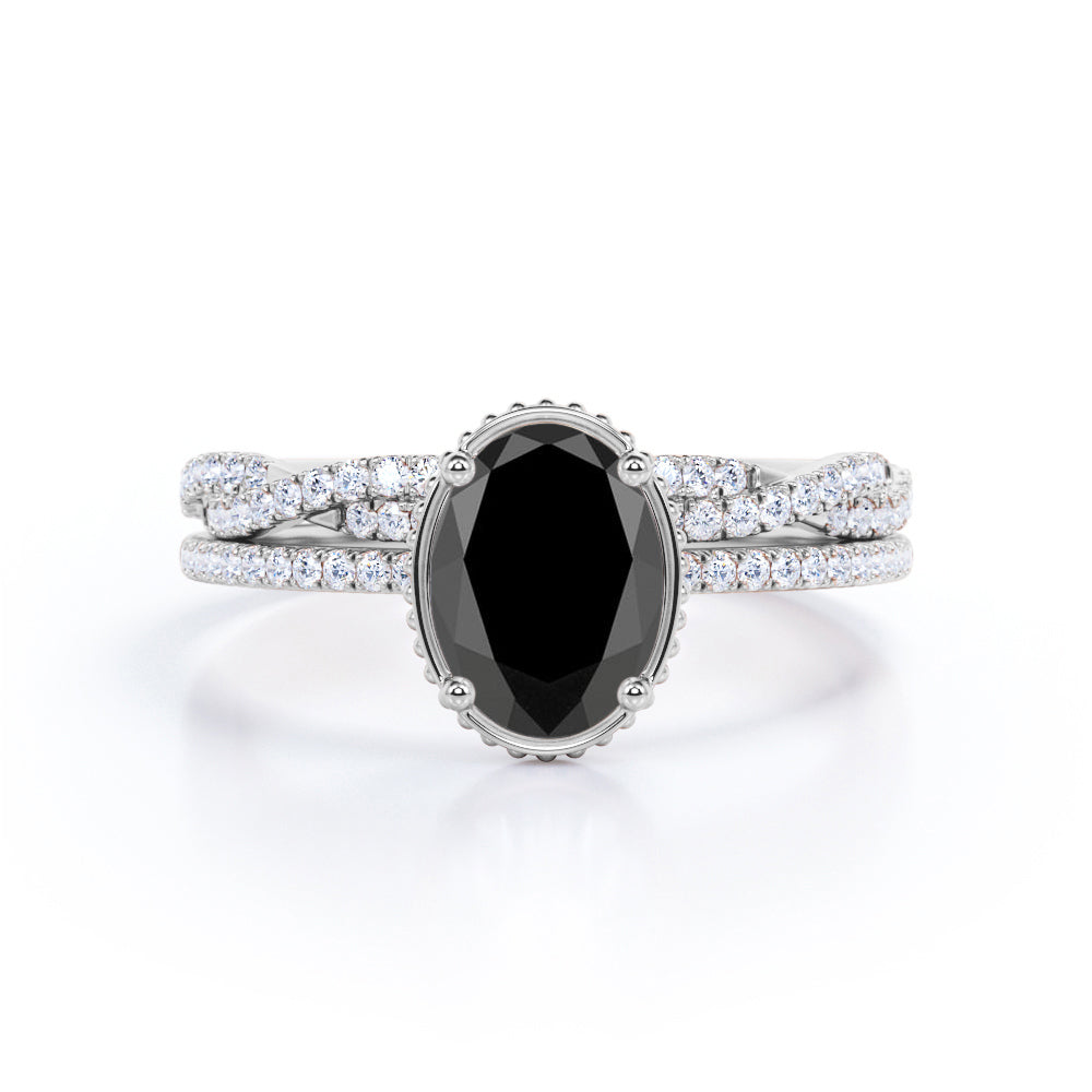 1.50 carat oval cut Black Diamond infinity bridal set in white gold