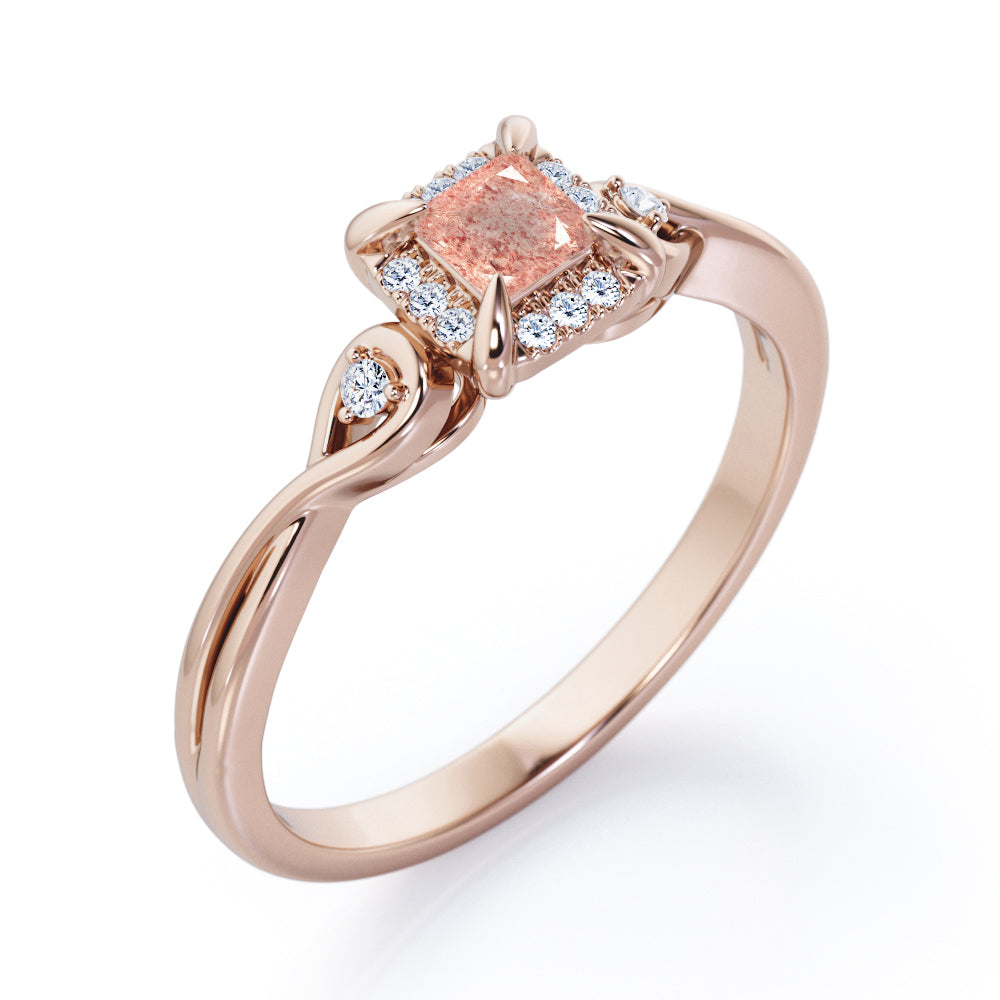 Prong and Halo 0.6 carat Princess Strawberry Quartz and diamond Twisted Shank Engagement Ring in Rose Gold