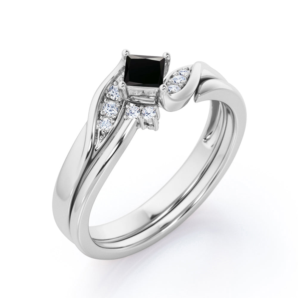 Petite Pave-Channel - 0.55 TCW Rhombus Princess Cut Black Diamond - Prong Tensioned Wedding Ring Set -  White Gold