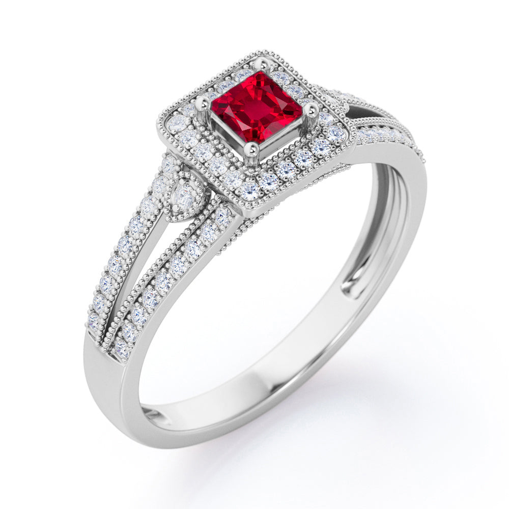 Split-Shanked Pave 1.55 Carat Princess Cut Ruby Milgrain-Bordered Halo Engagement Ring in White Gold