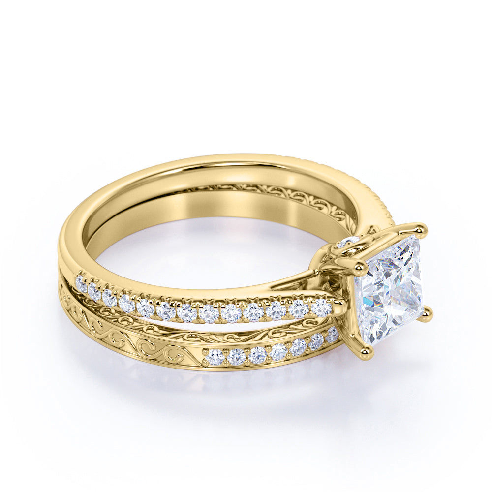 Princess Cut Diamond - Pave Band - Simple Antique Engagement Ring Set - 10K Yellow Gold