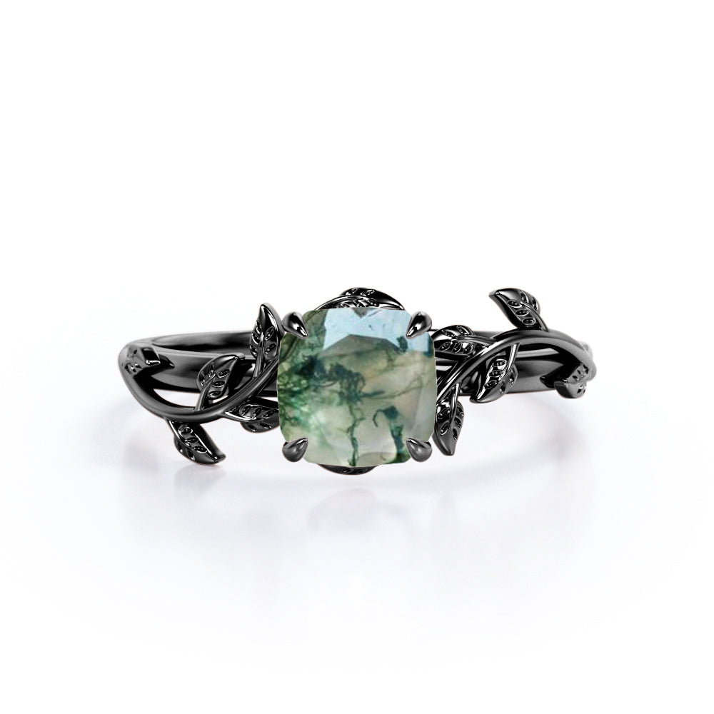 1 Carat Cushion Cut Natural Transparent Moss Green Agate - 4 Prong Setting - Nature Inspired Engagement Ring - 18K Black Gold Plating over Silver