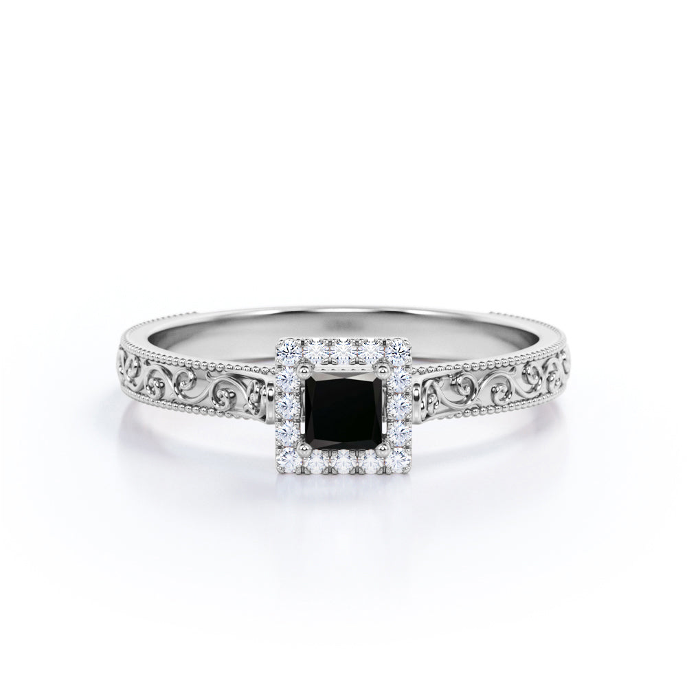 1.15 Carat Princess Cut Lab Grown Black Diamond Vintage Art Deco Engagement Ring In White Gold