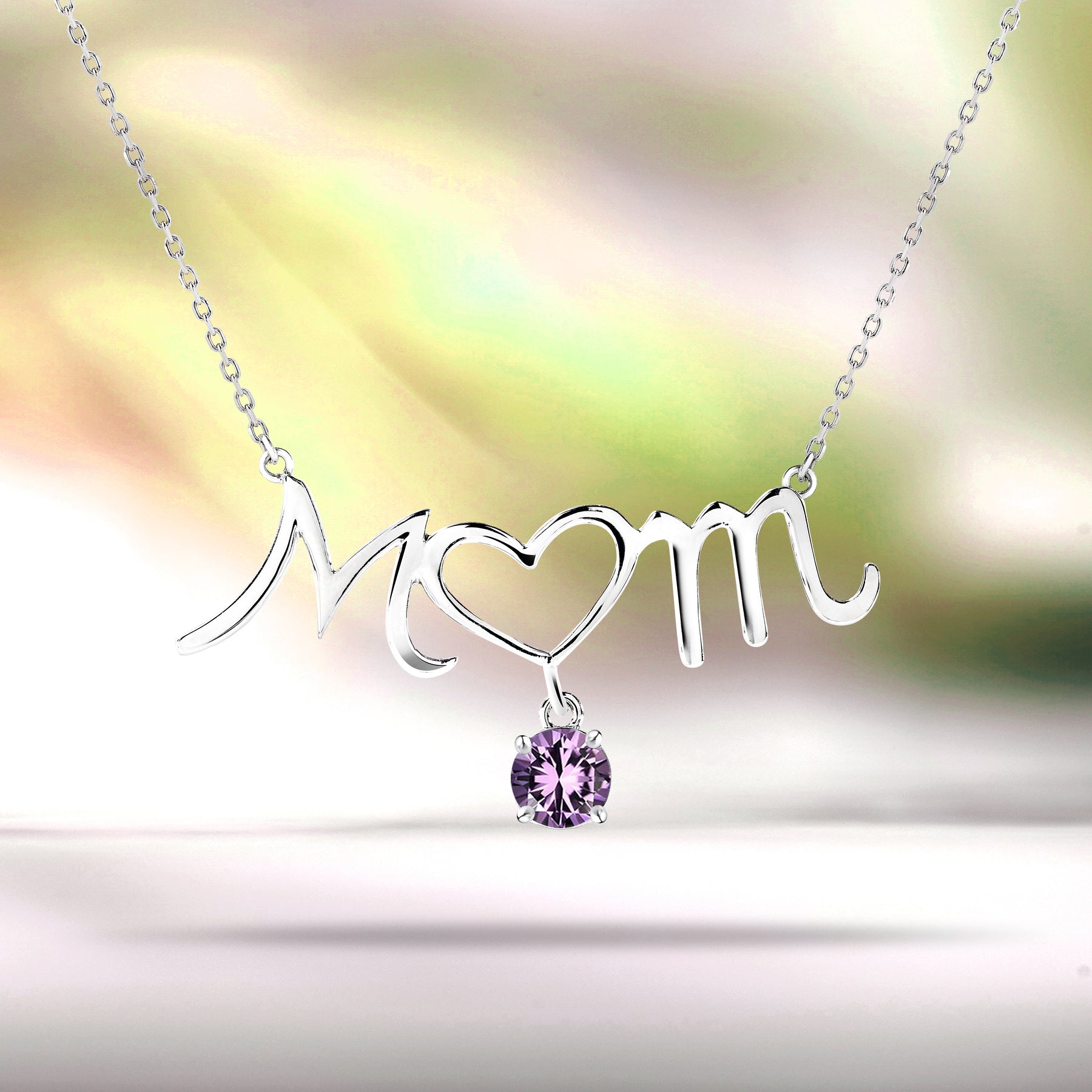 Mom Heart-Shaped O with Hanging Purple Stone Pendant Necklace in 18K White Gold over Silver - February Birthstone - Necklace for Mom