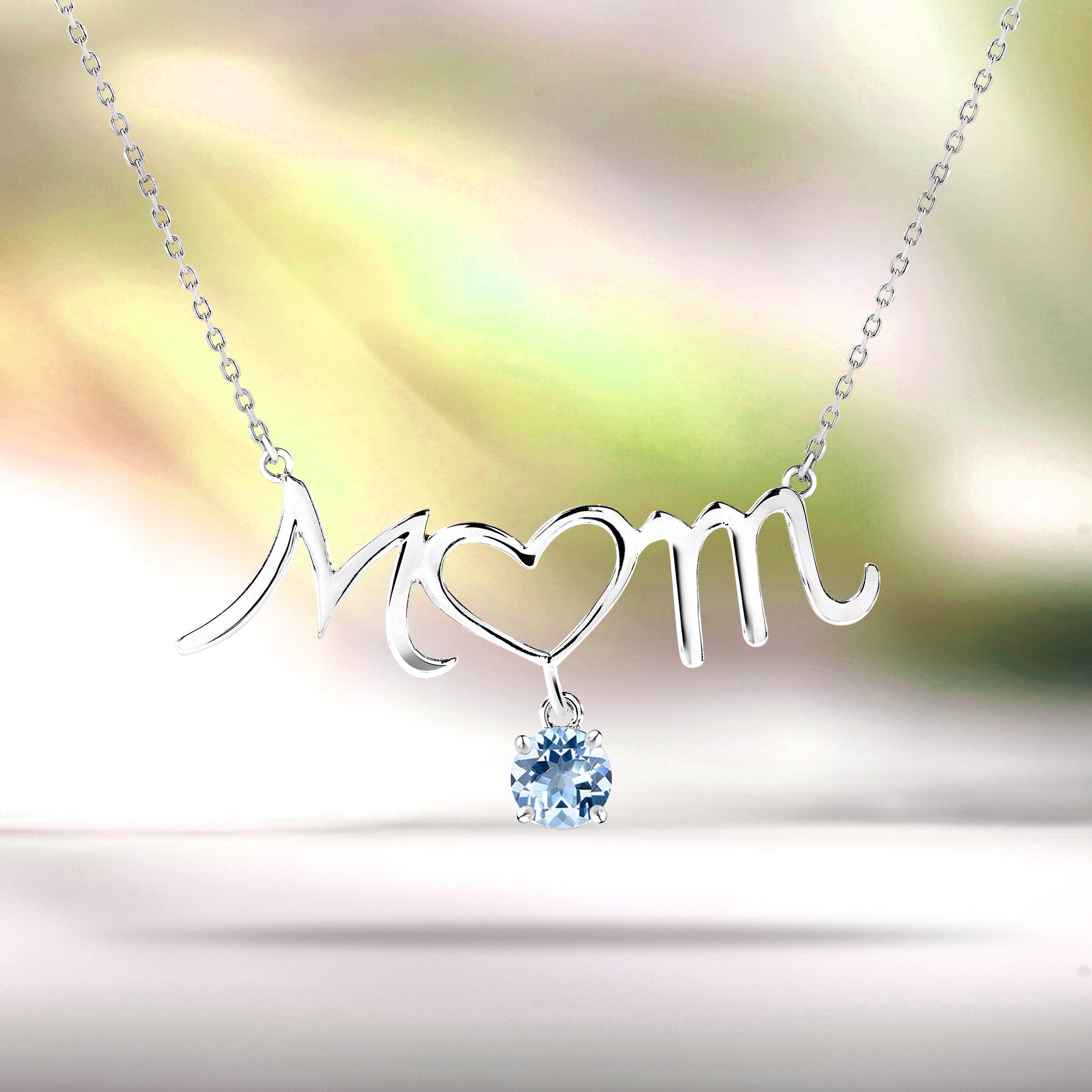 Mom Heart-Shaped O with Hanging Ice Blue Stone Pendant Necklace in 18K White Gold over Silver - March Birthstone - Necklace for Mom