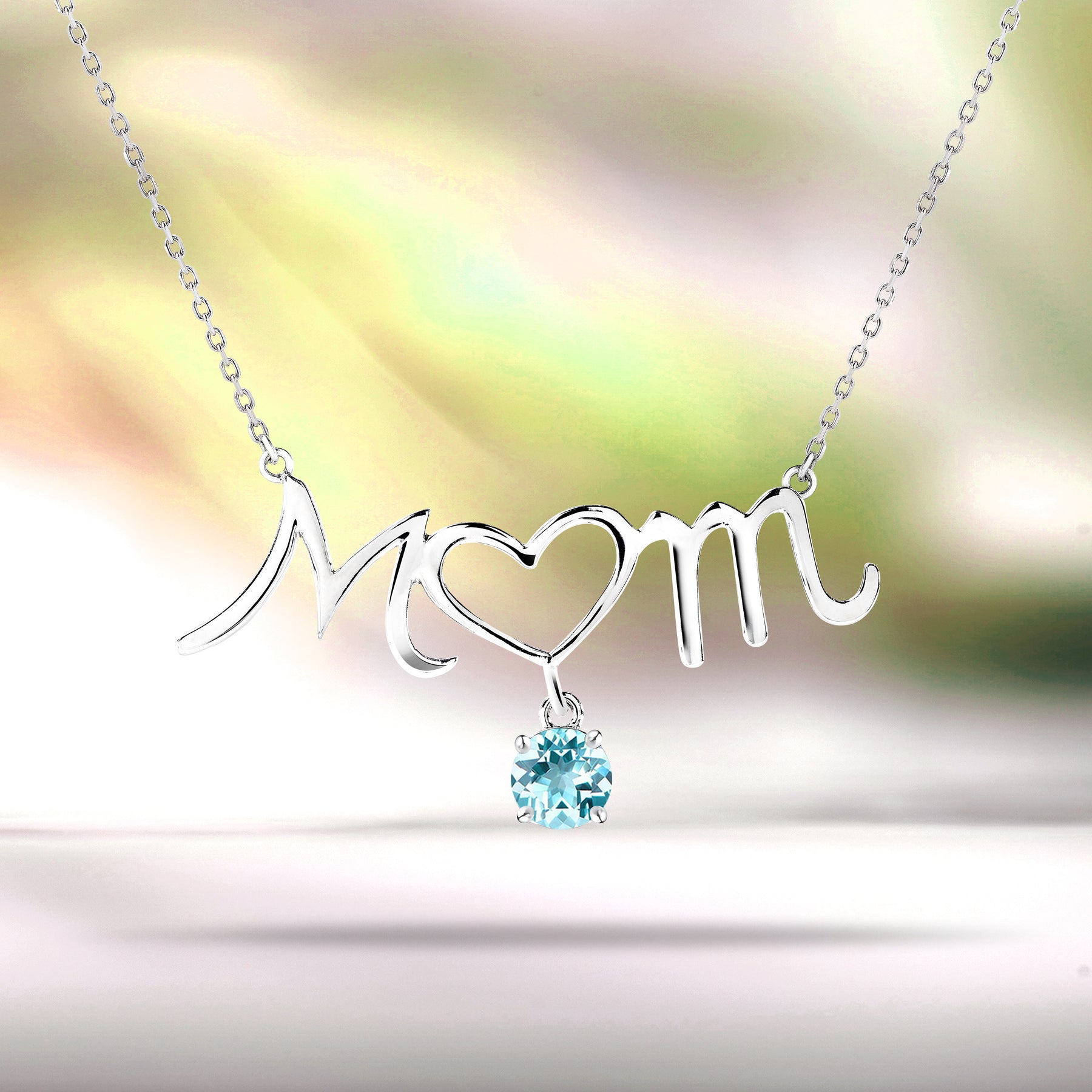 Mom Heart-Shaped O with Hanging Light Blue Stone Pendant Necklace in 18K White Gold over Silver - December Birthstone - Necklace for Mom