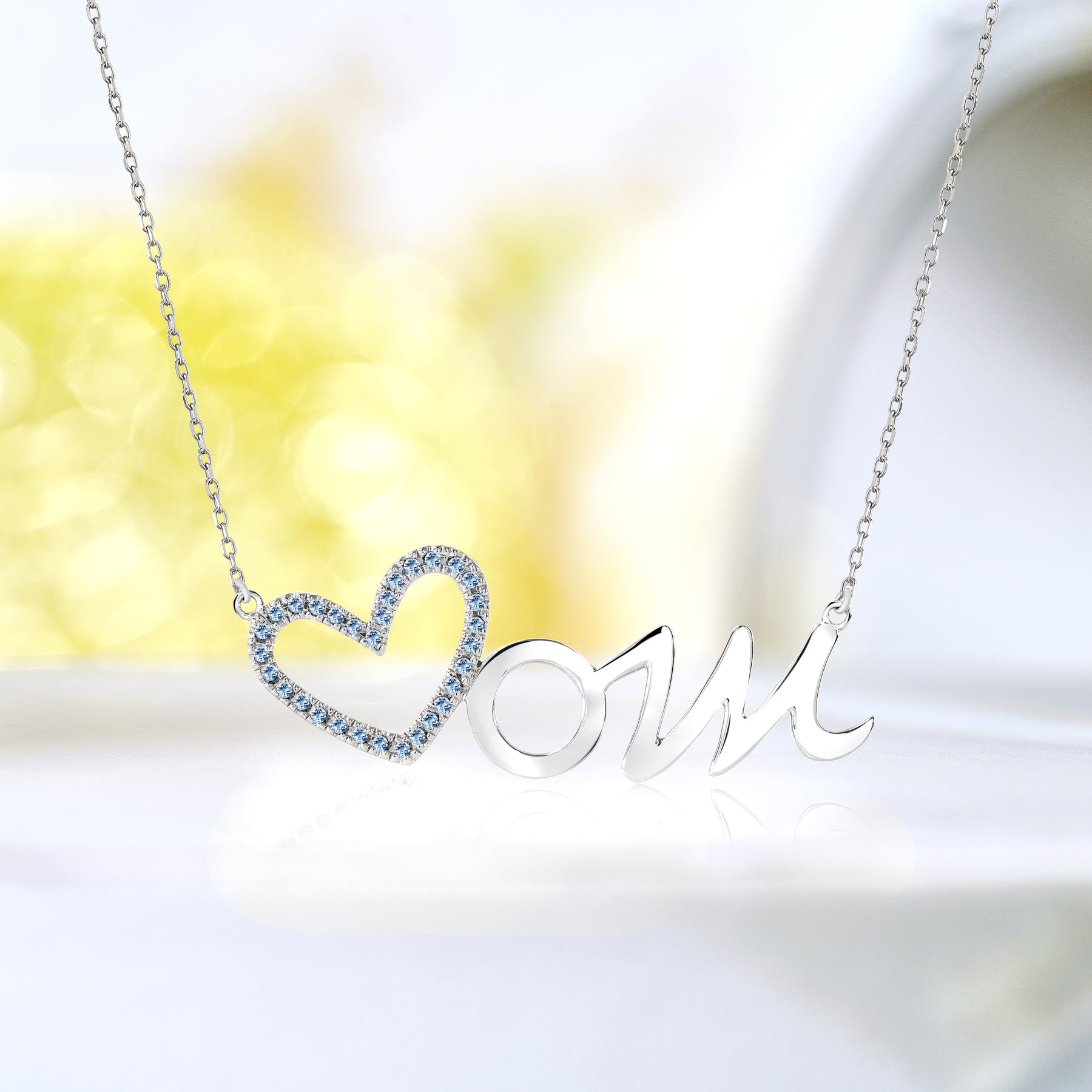 Open Heart Mom with Decorated Ice Blue Stone Pendant Necklace in 18K White Gold over Silver - March Birthstone - Gift for Mom