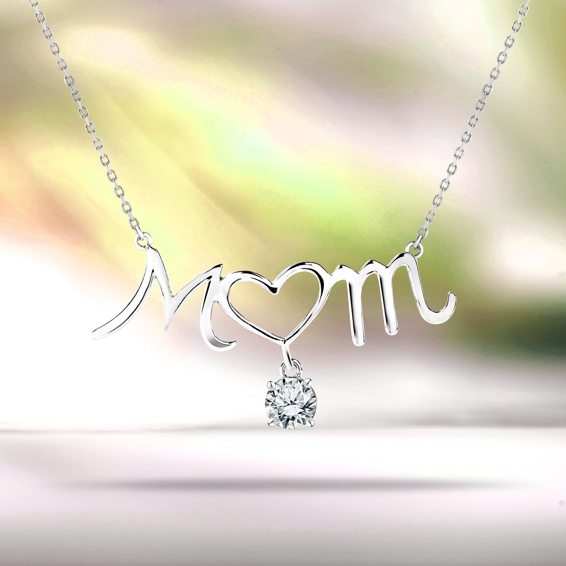 Mom Heart-Shaped O with Hanging White Stone Pendant Necklace in 18K White Gold over Silver - April Birthstone - Necklace for Mom