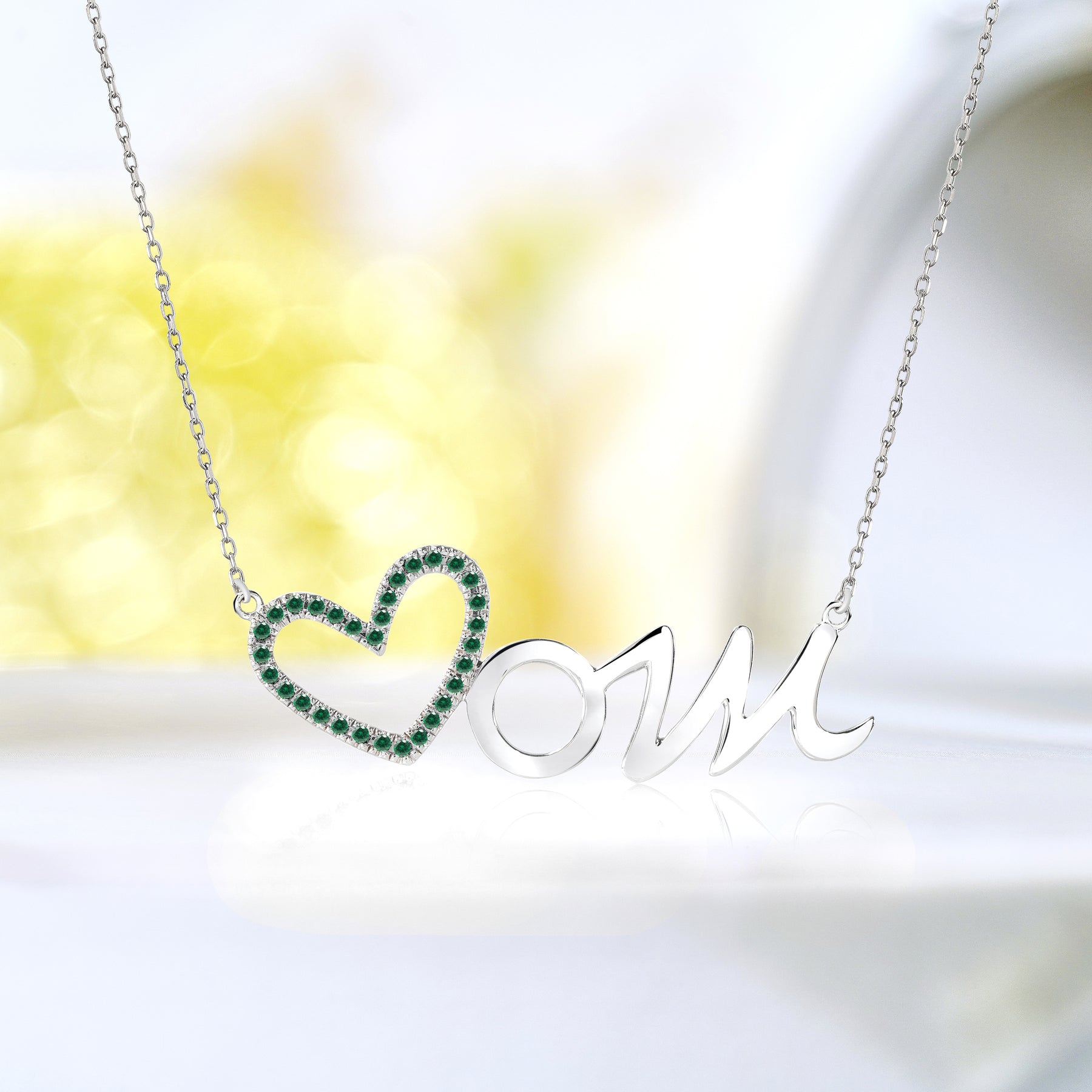 Open Heart Mom with Decorated Dark Green Stone Pendant Necklace in 18K White Gold over Silver - May Birthstone - Gift for Mom