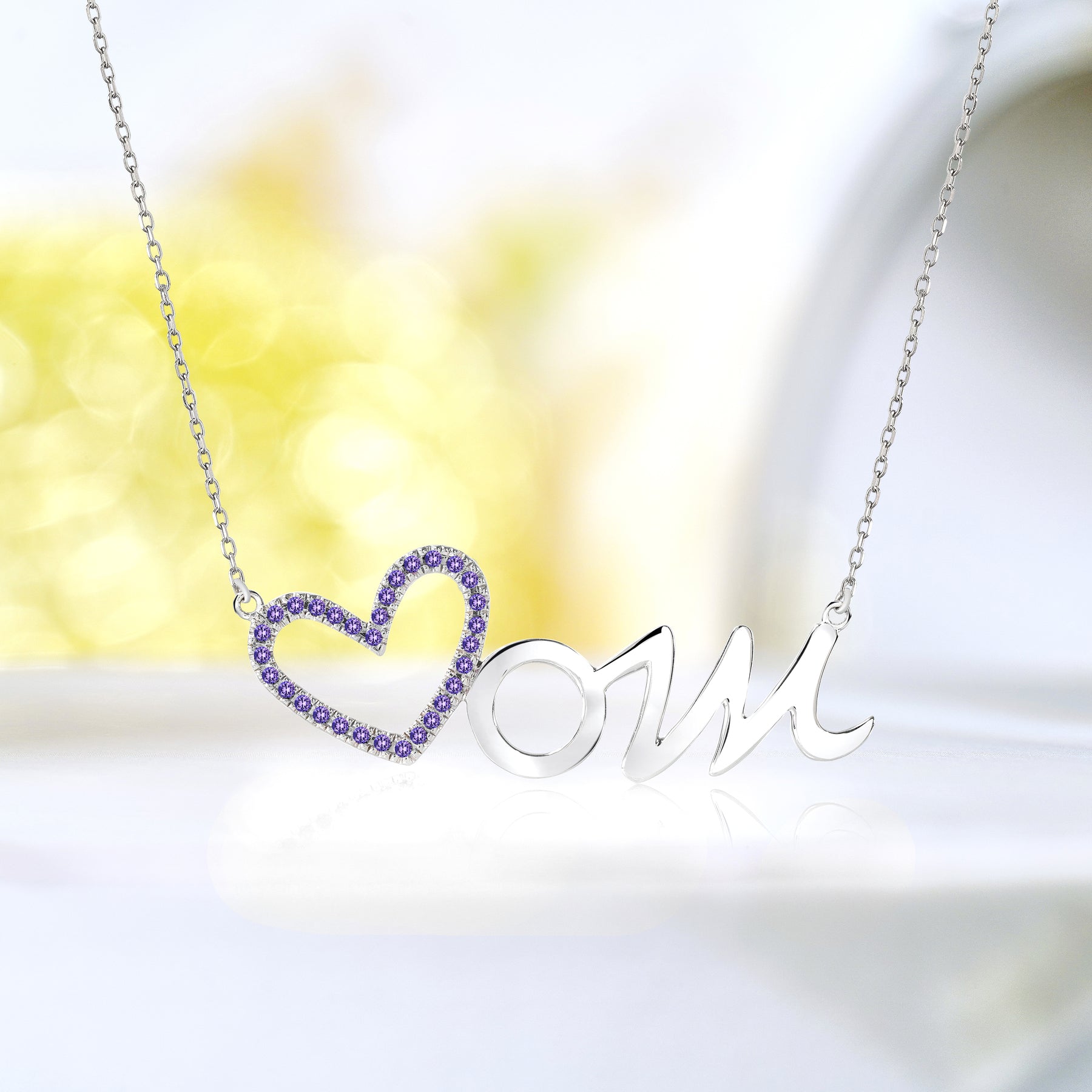 Open Heart Mom with Decorated Multi-Color Purple Stone Pendant Necklace in 18K White Gold over Silver - June Birthstone - Gift for Mom