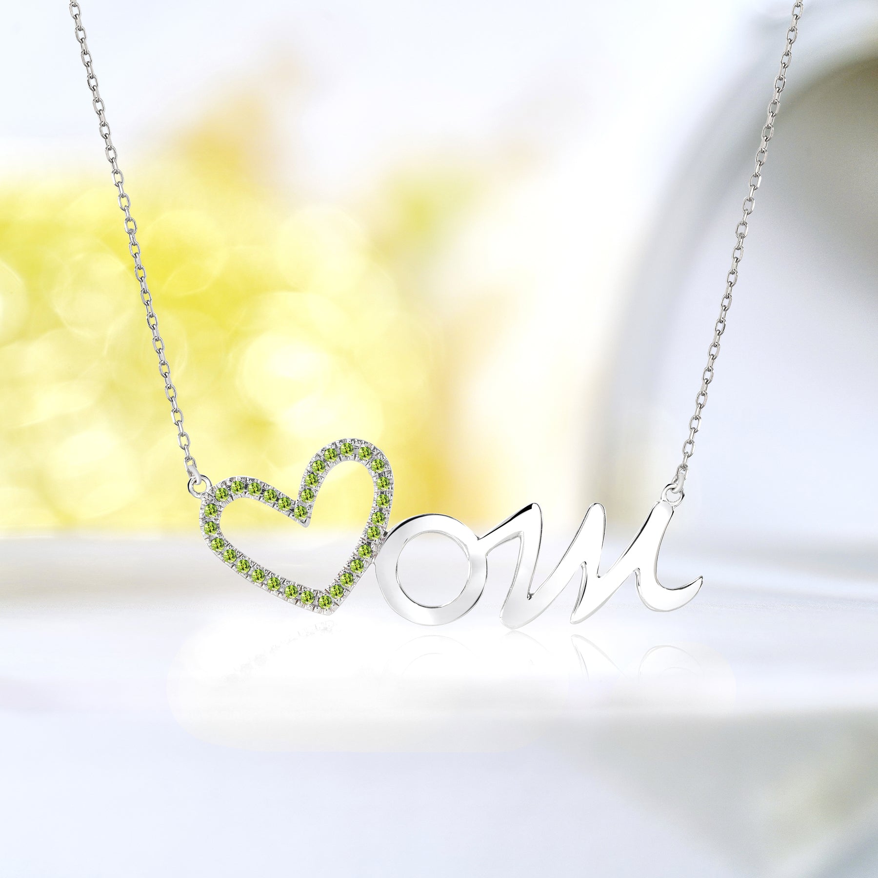 Open Heart Mom with Decorated Light Green Stone Pendant Necklace in 18K White Gold over Silver - August Birthstone - Gift for Mom