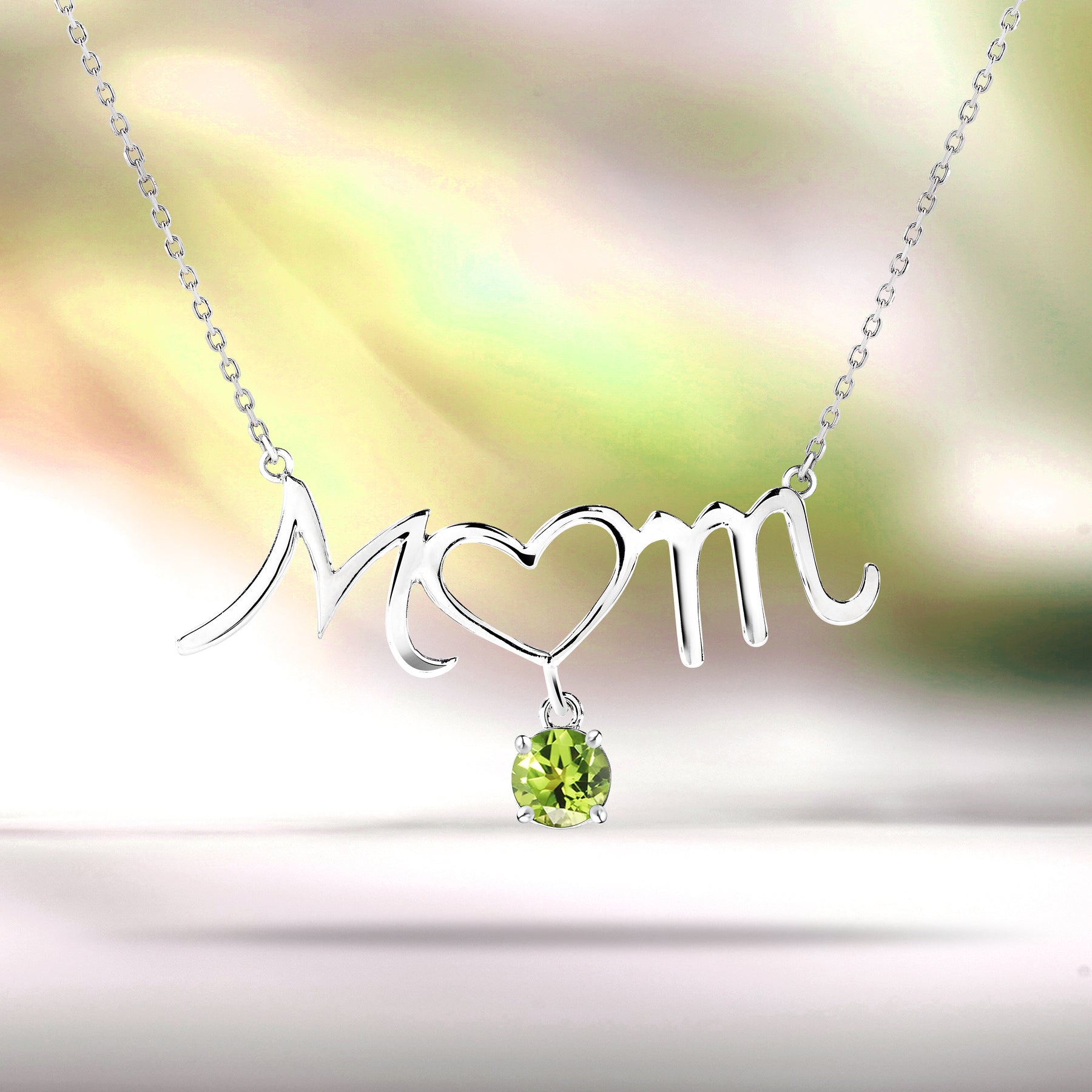 Mom Heart-Shaped O with Hanging Light Green Stone Pendant Necklace in 18K White Gold over Silver - August Birthstone - Necklace for Mom