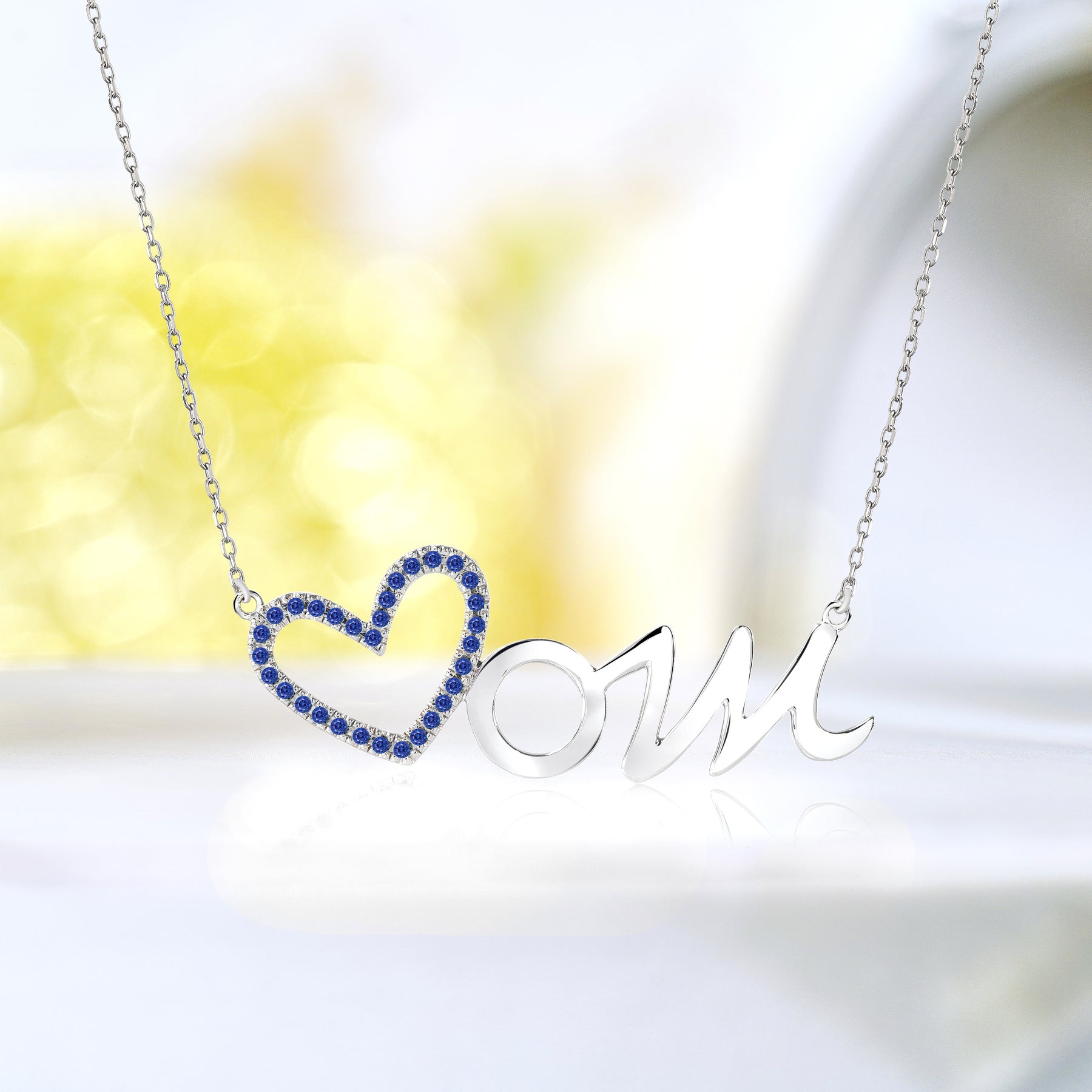 Open Heart Mom with Decorated Dark Blue Stone Pendant Necklace in 18K White Gold over Silver - September Birthstone - Gift for Mom