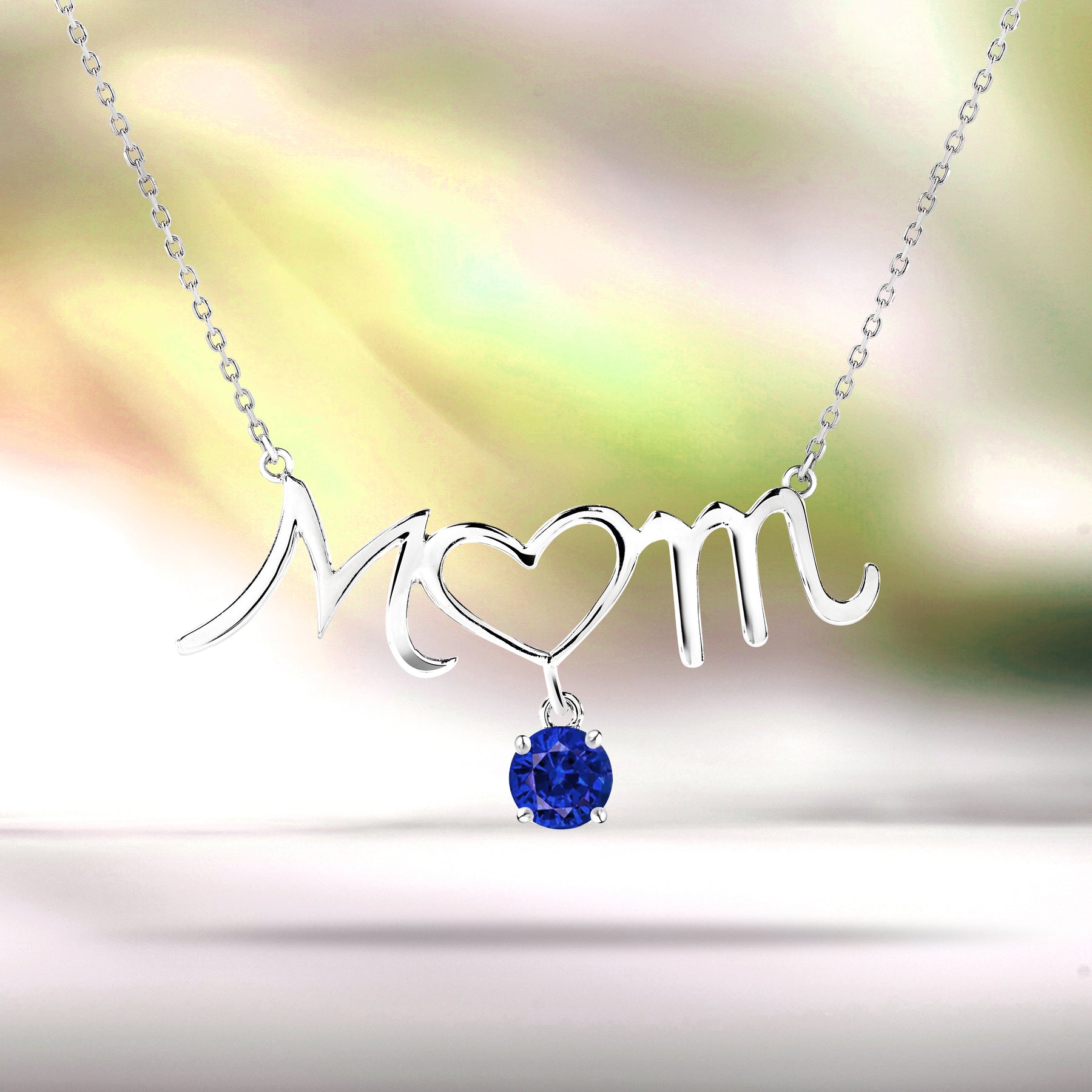 Mom Heart-Shaped O with Hanging Dark Blue Stone Pendant Necklace in 18K White Gold over Silver - September Birthstone - Necklace for Mom