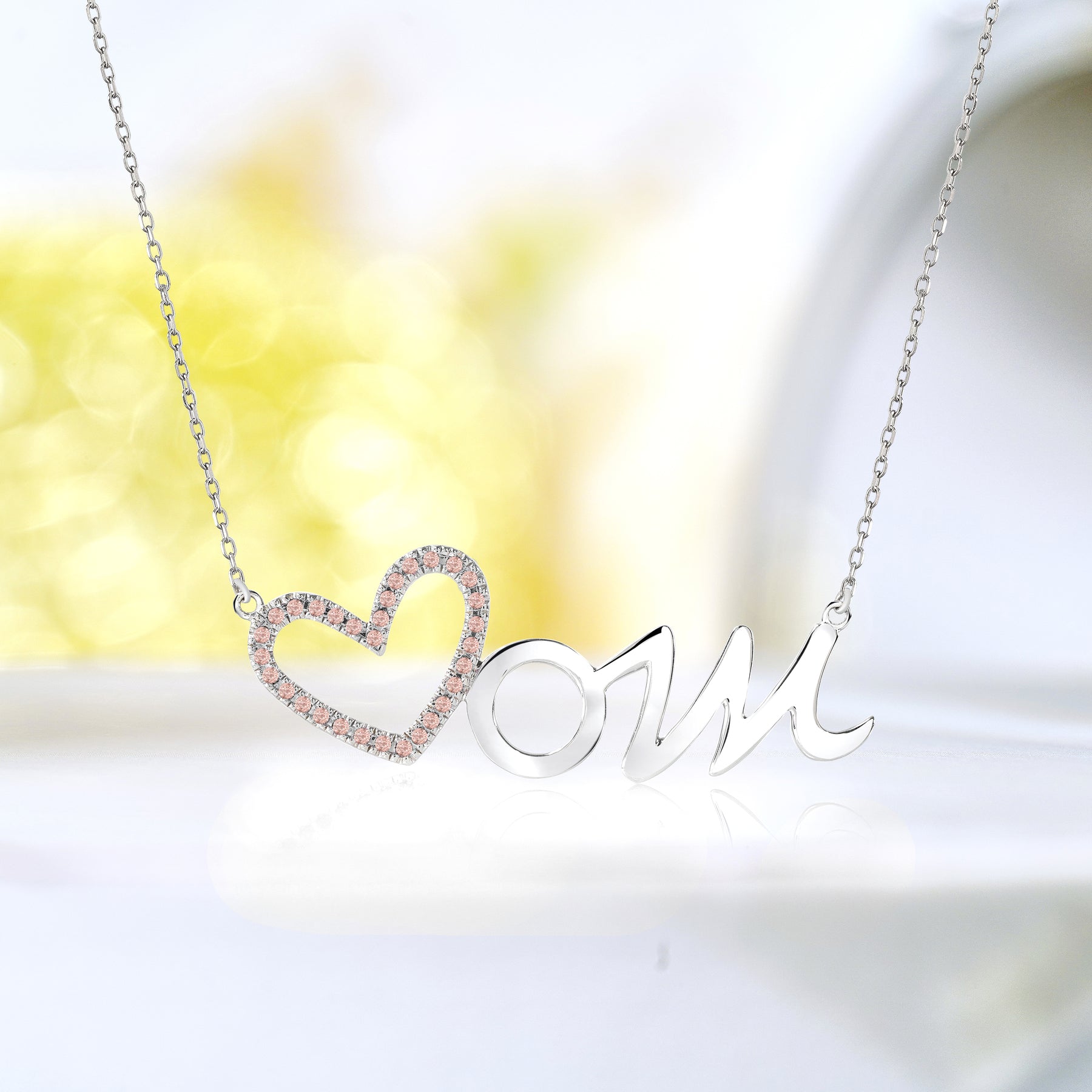 Open Heart Mom with Decorated Pink Stone Pendant Necklace in 18K White Gold over Silver - October Birthstone - Gift for Mom