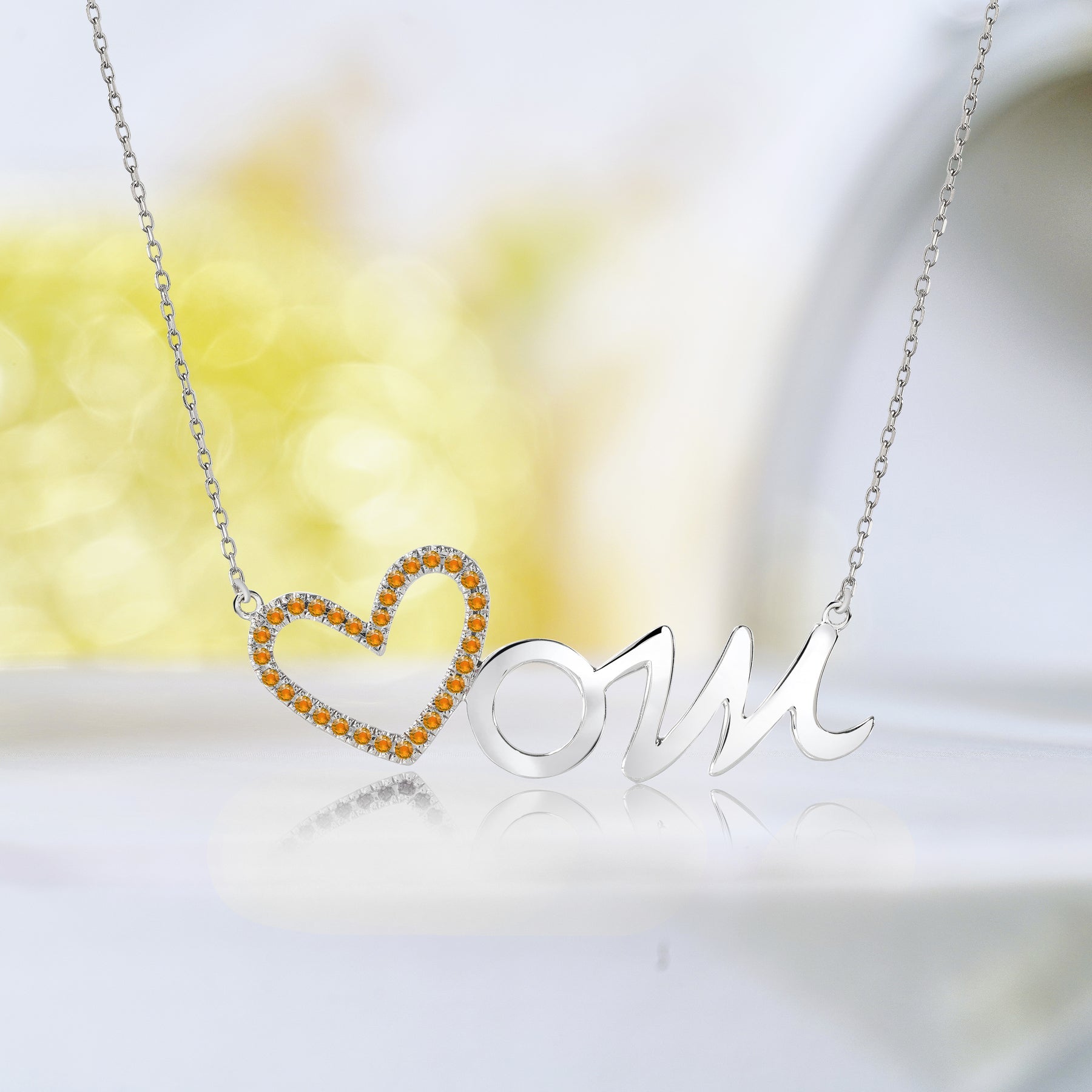 Open Heart Mom with Decorated Yellow Stone Pendant Necklace in 18K White Gold over Silver - November Birthstone - Gift for Mom