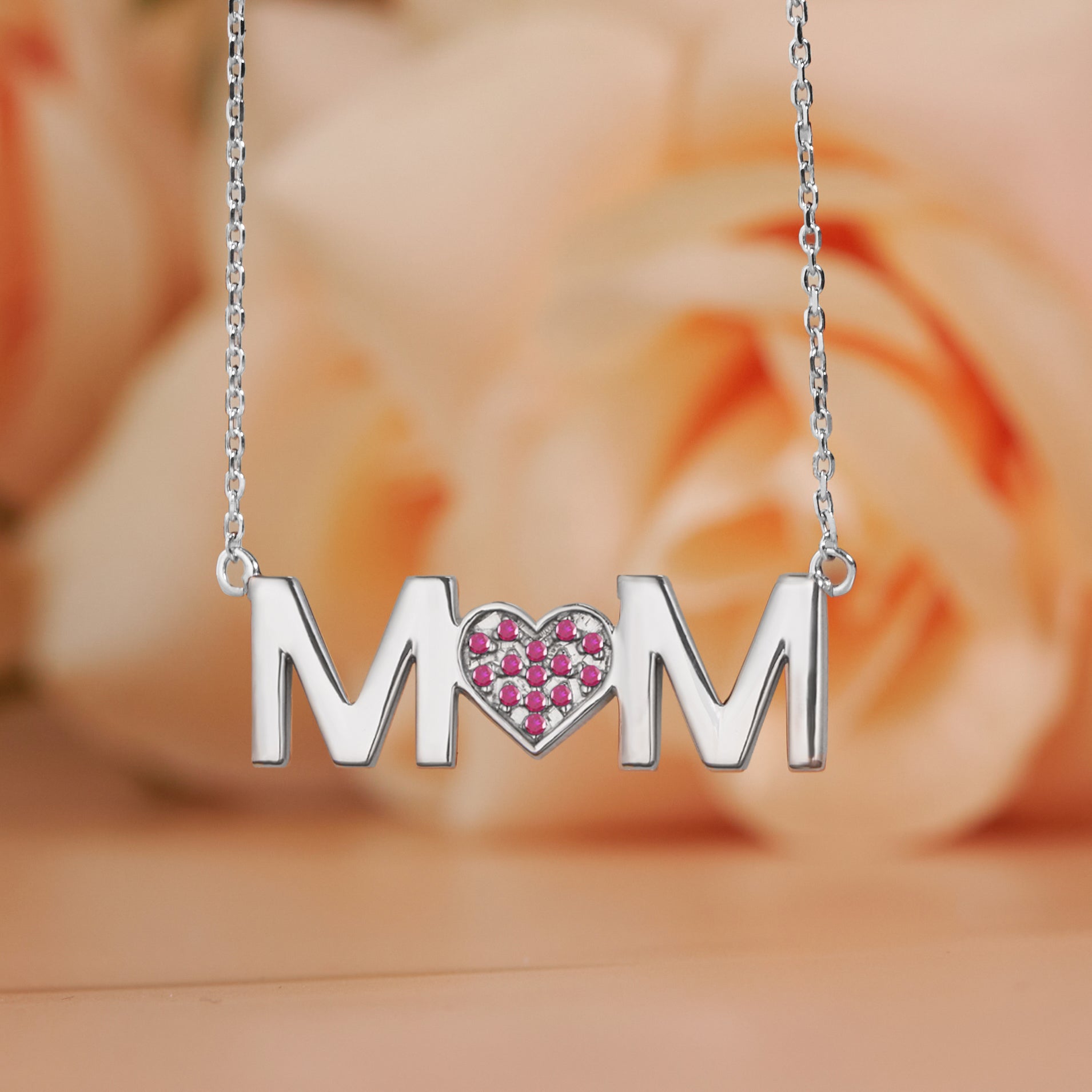 MOM Pendant Necklace - Strong Red Stone - July Birthstone in 18K White Gold over Sterling Silver