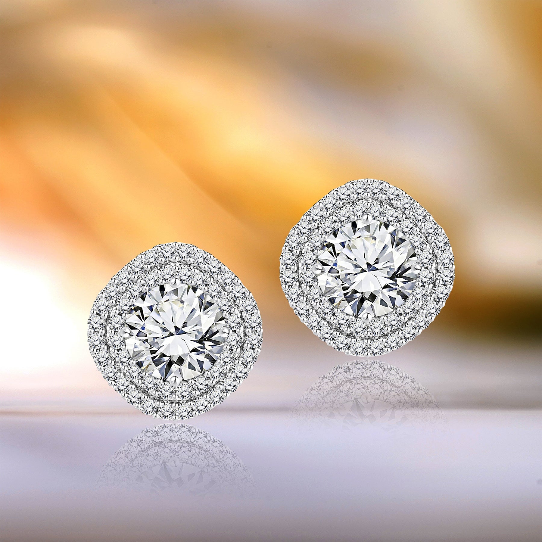 3 Carat Round Cut with Double Halo Cushion Stud Earrings in Sterling Silver - Everyday Luxury Jewelry - Gift for Her