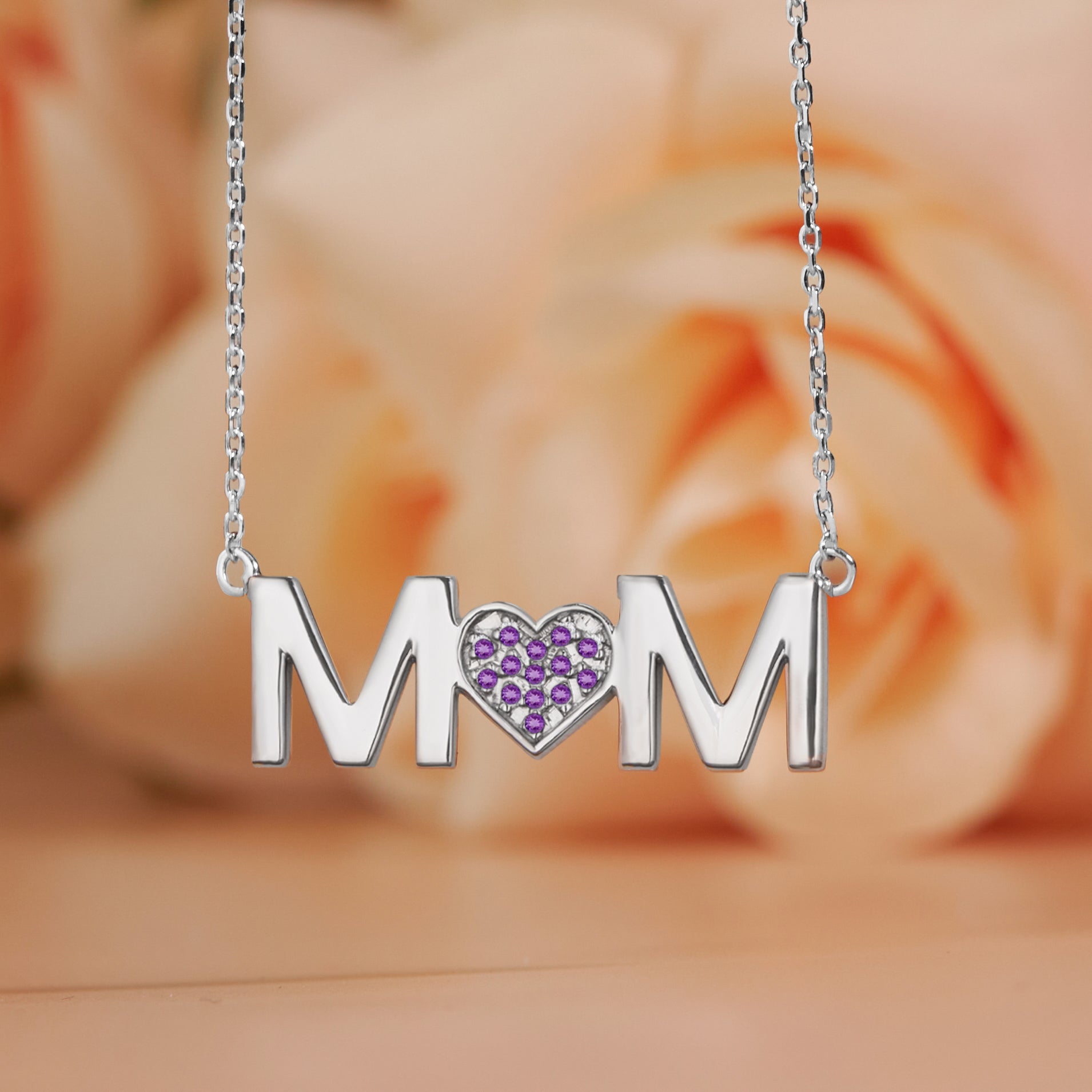 MOM Pendant Necklace - Purple Stone - February Birthstone in 18K White Gold over Sterling Silver