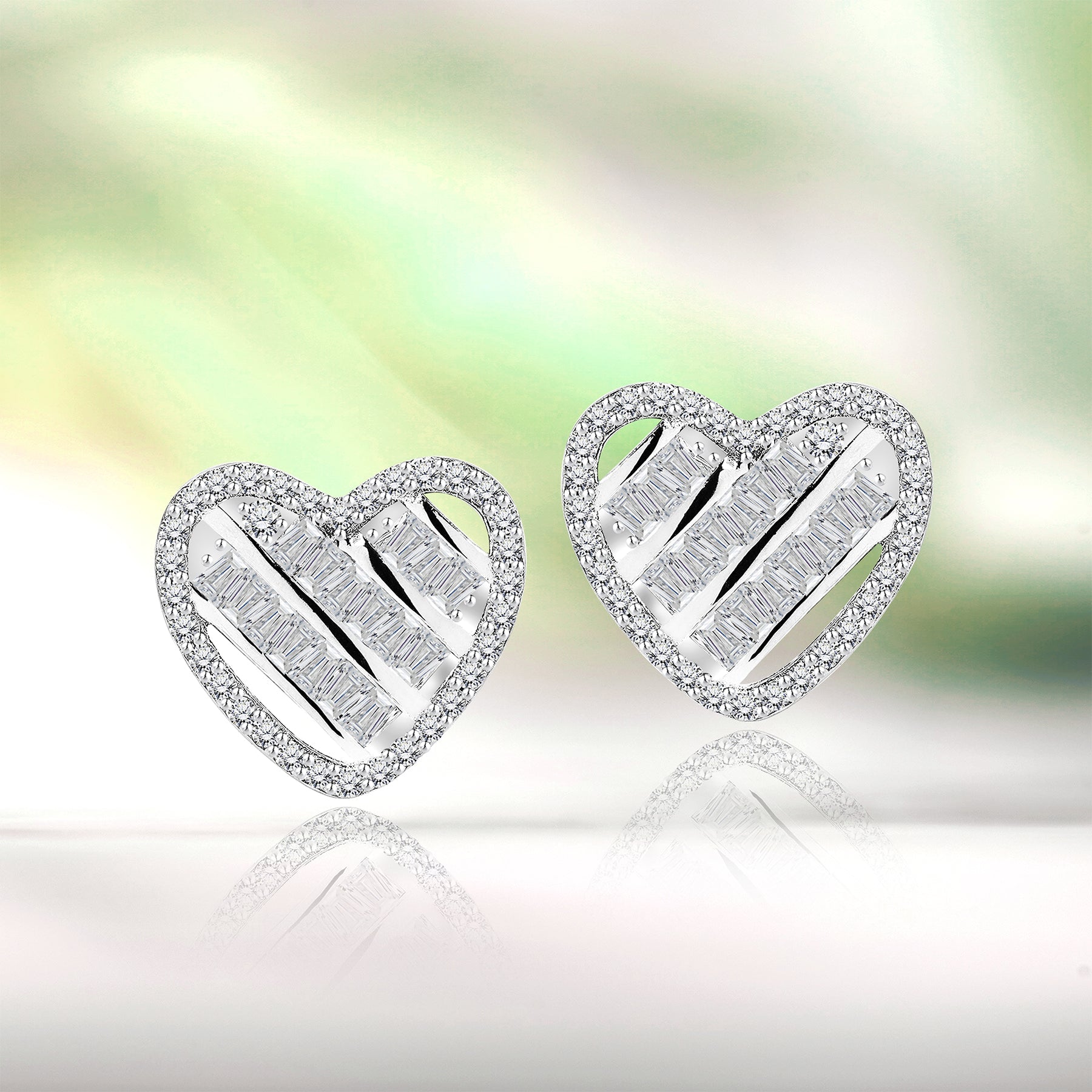 Round and Baguette Cut Halo Heart-Shaped Stud Earrings in Sterling Silver - Women's Everyday Jewelry