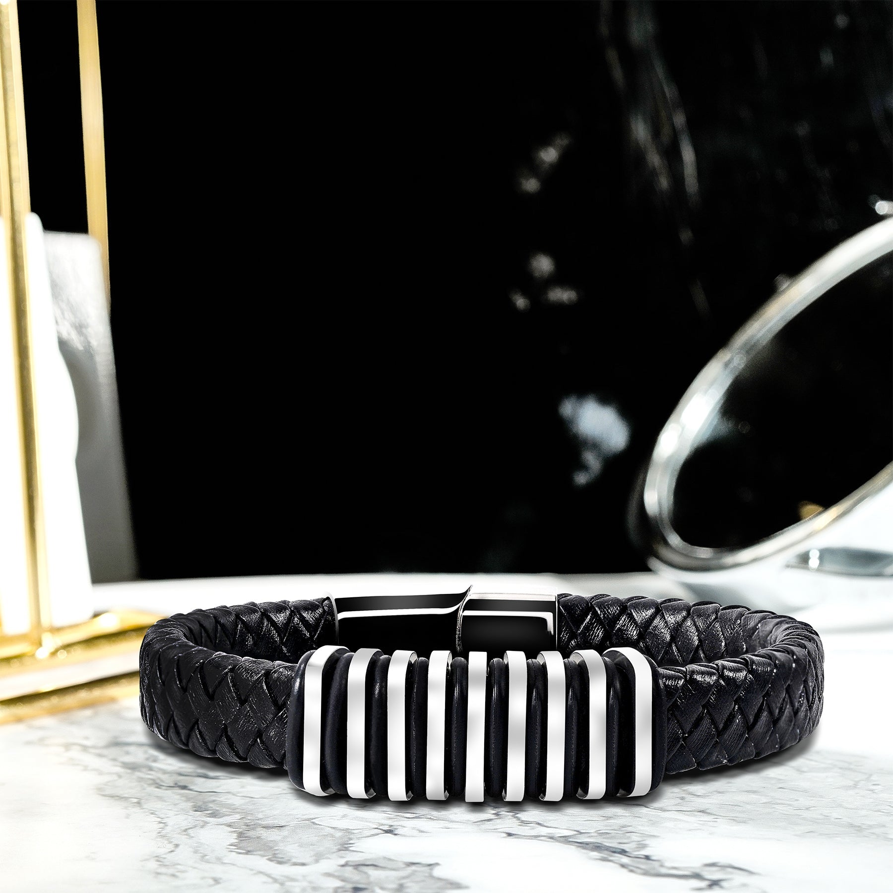 Black and White Braided Wristband with Magnetic Clasp - Men's Fashion Jewelry