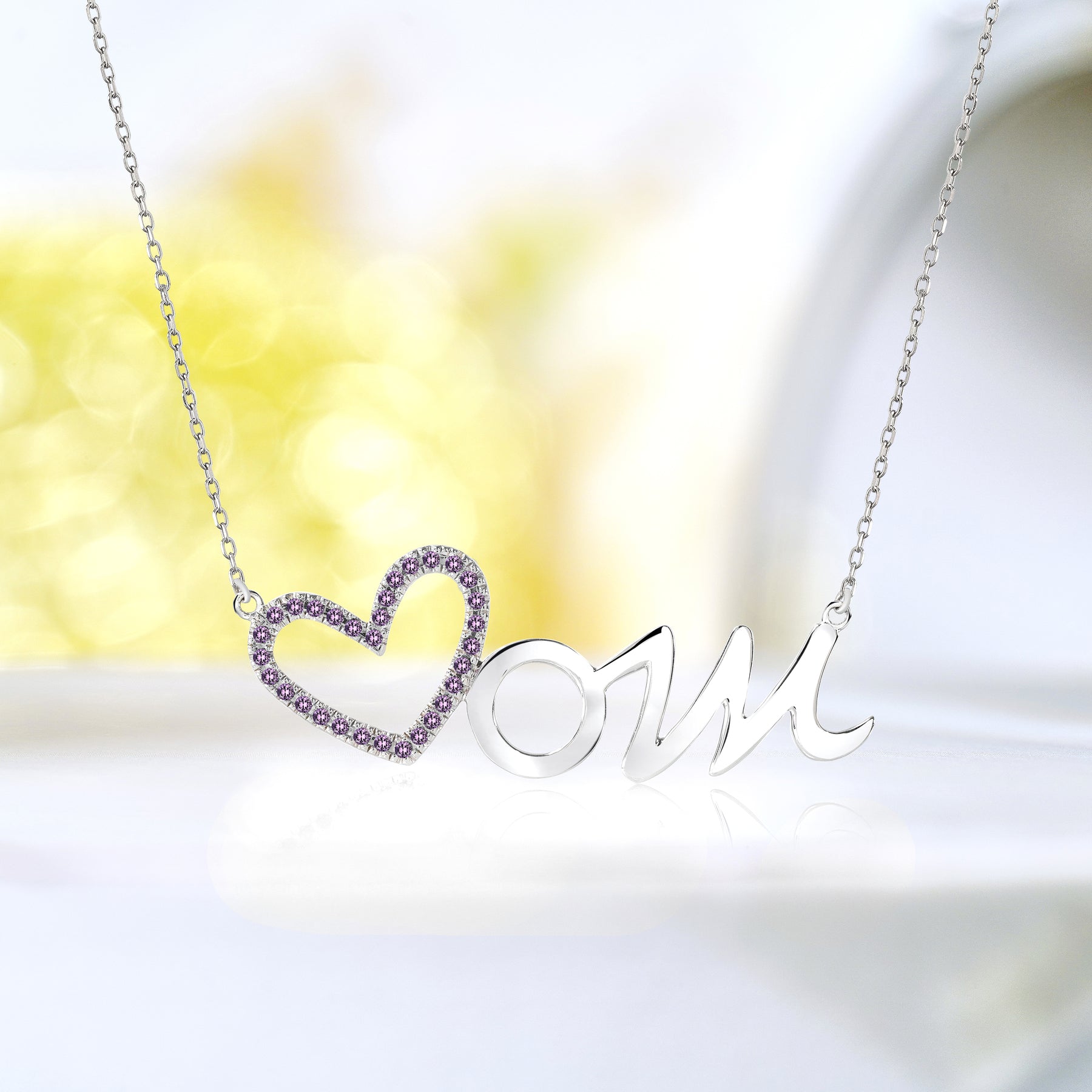 Open Heart Mom with Decorated Purple Stone Pendant Necklace in 18K White Gold over Silver - February Birthstone - Gift for Mom