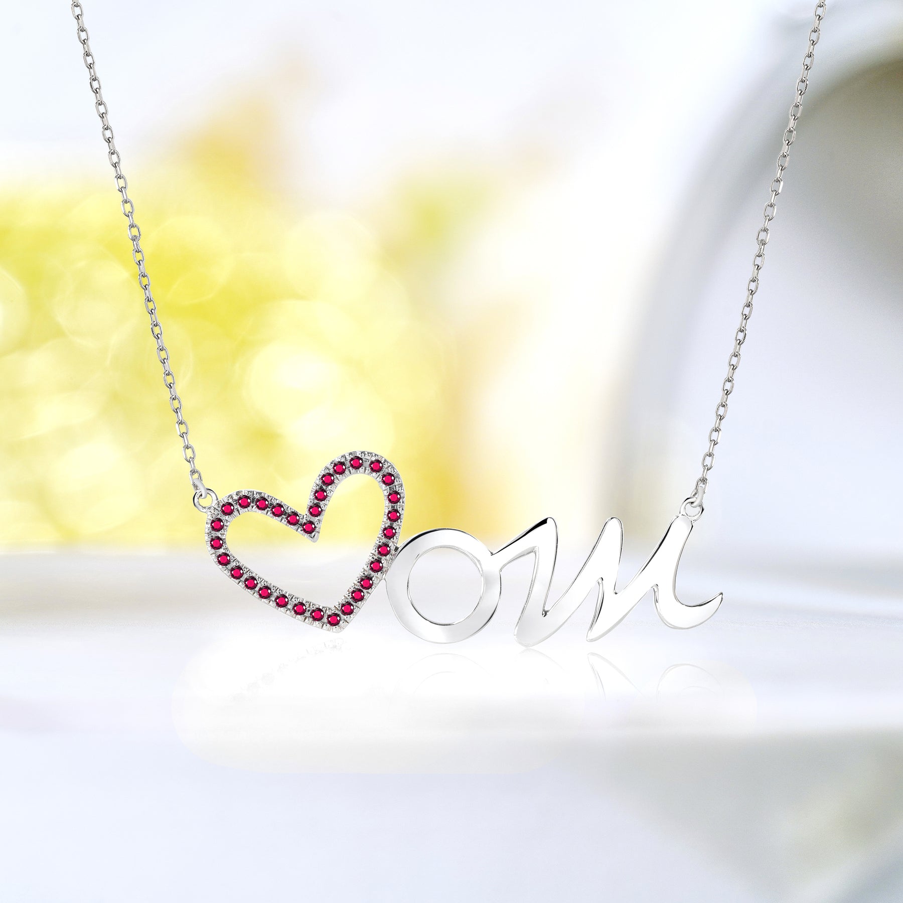 Open Heart Mom with Decorated Red Stone Pendant Necklace in 18K White Gold over Silver - January Birthstone - Gift for Mom