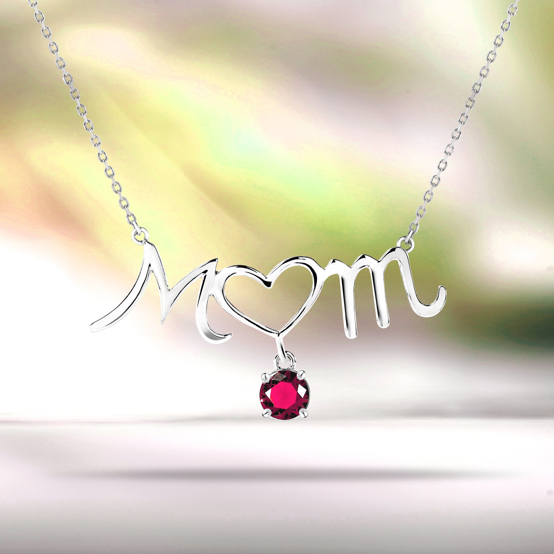 Mom Heart-Shaped O with Hanging Red Stone Pendant Necklace in 18K White Gold over Silver - January Birthstone - Necklace for Mom