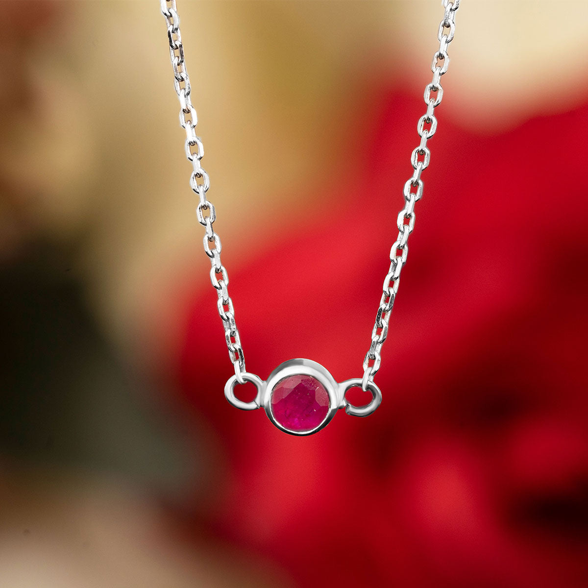 Petite Round Cut Ruby July Birthstone Custom Pendant Necklace in 18k White gold over silver